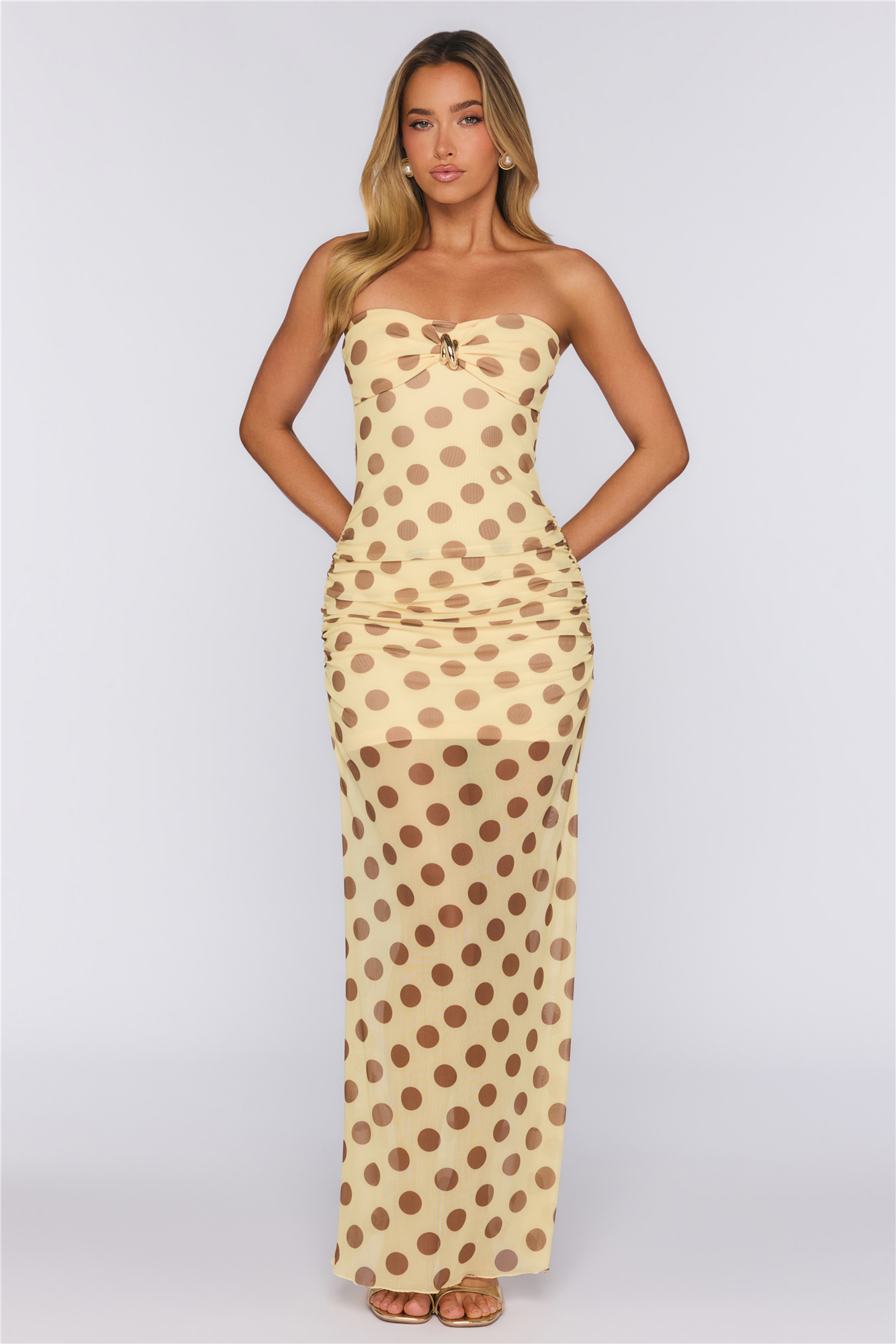 Love After Dark Mesh Polka Dot Strapless Maxi Dress Yellow