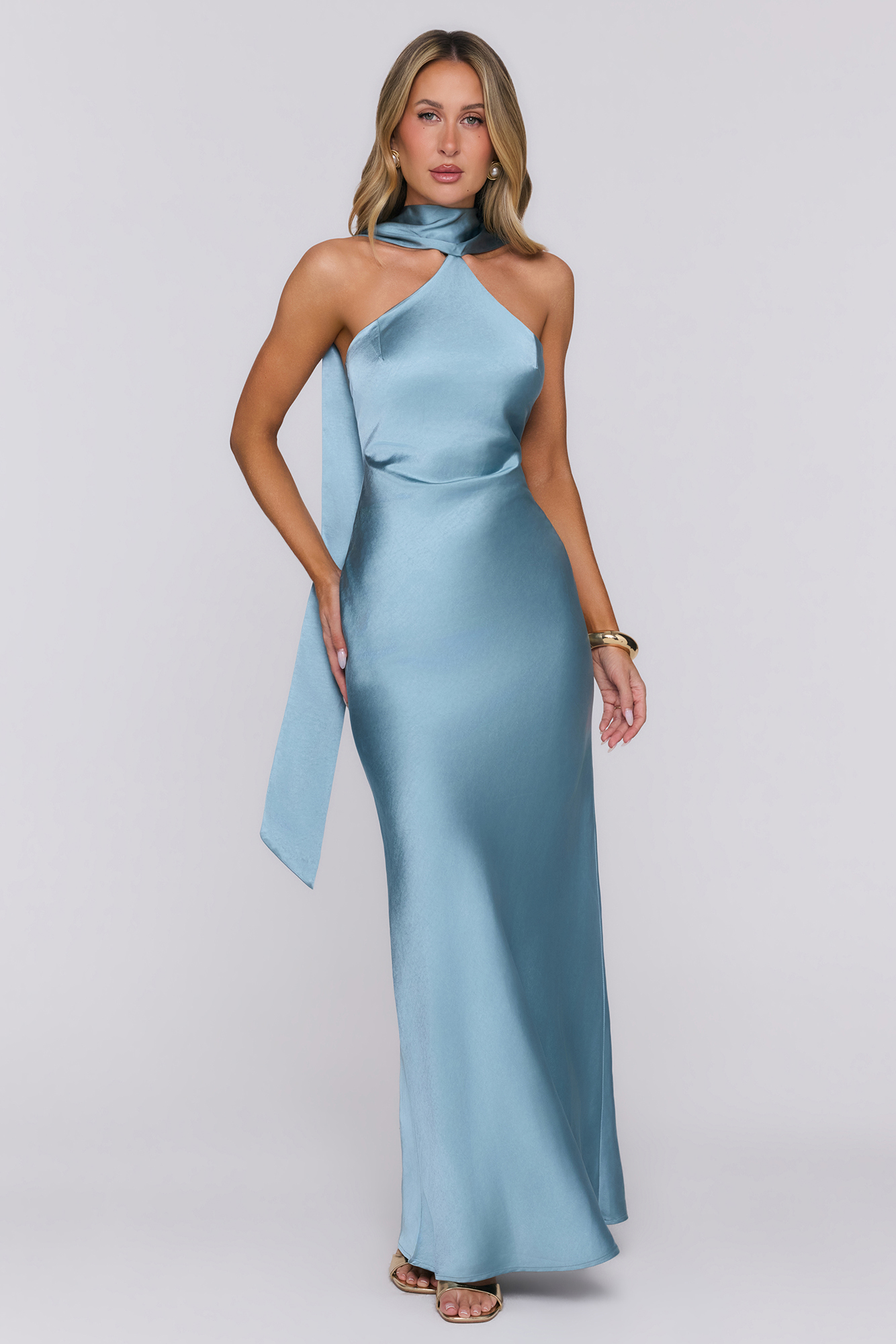 Angelic Love Halter Satin Maxi Dress Steel Blue