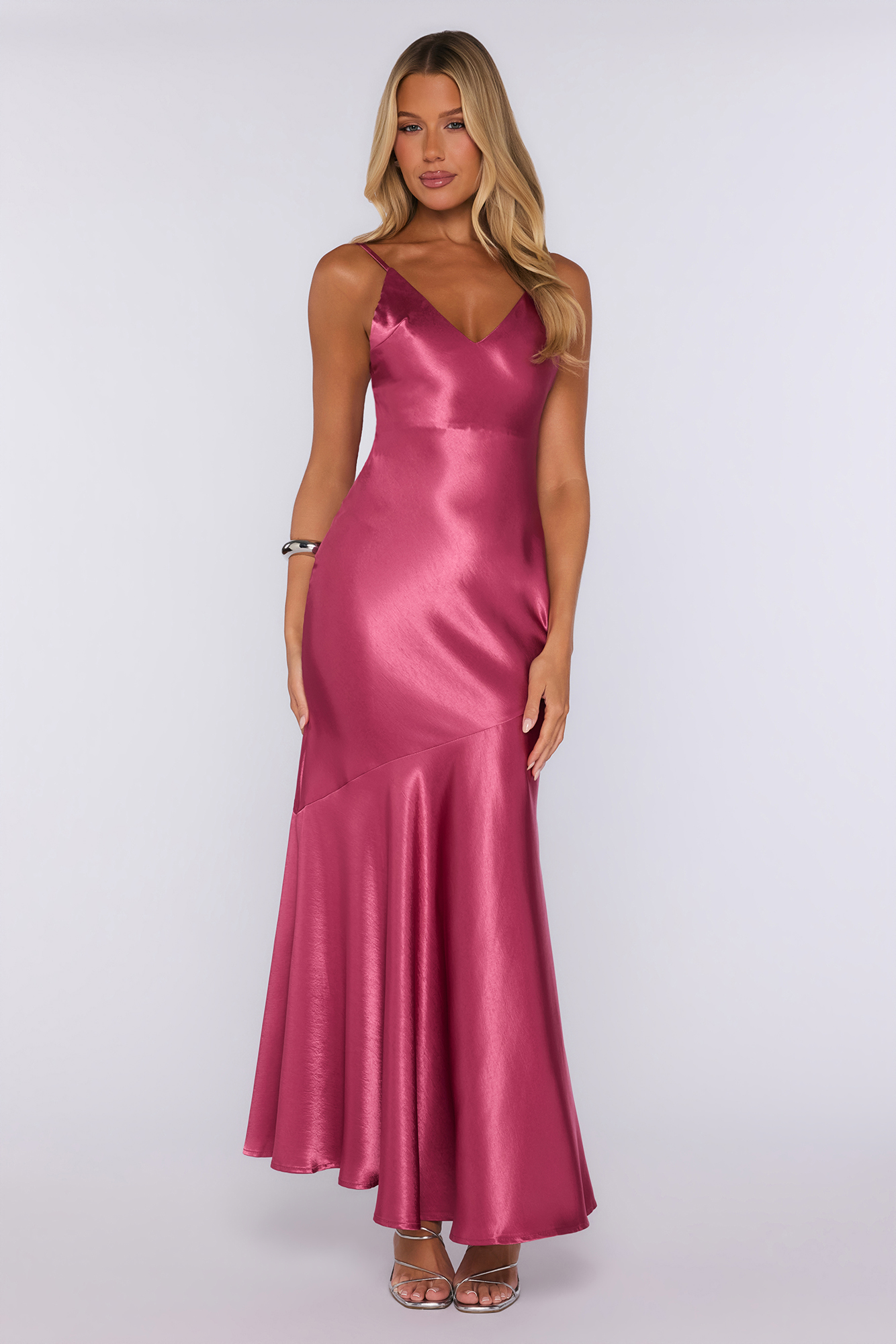 Keep Them Guessing Satin Maxi Dress Magenta