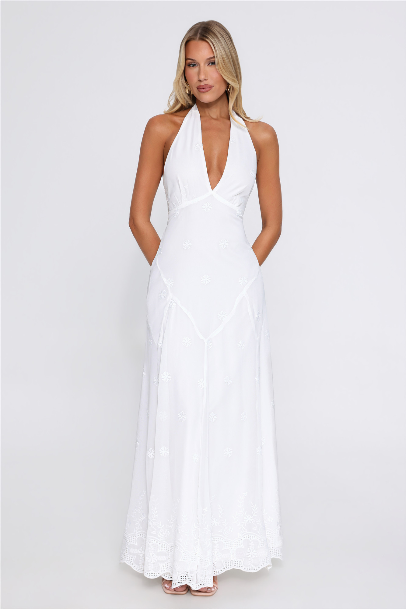 Make Them Wonder Halter Embroidered Maxi Dress White
