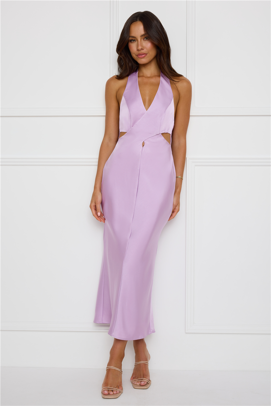Chic Soirée Satin Halter Midi Dress Lilac
