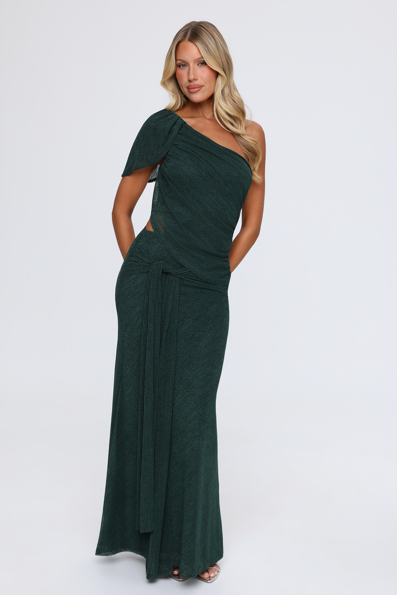 Ivy Nights One Shoulder Knit Maxi Dress Emerald