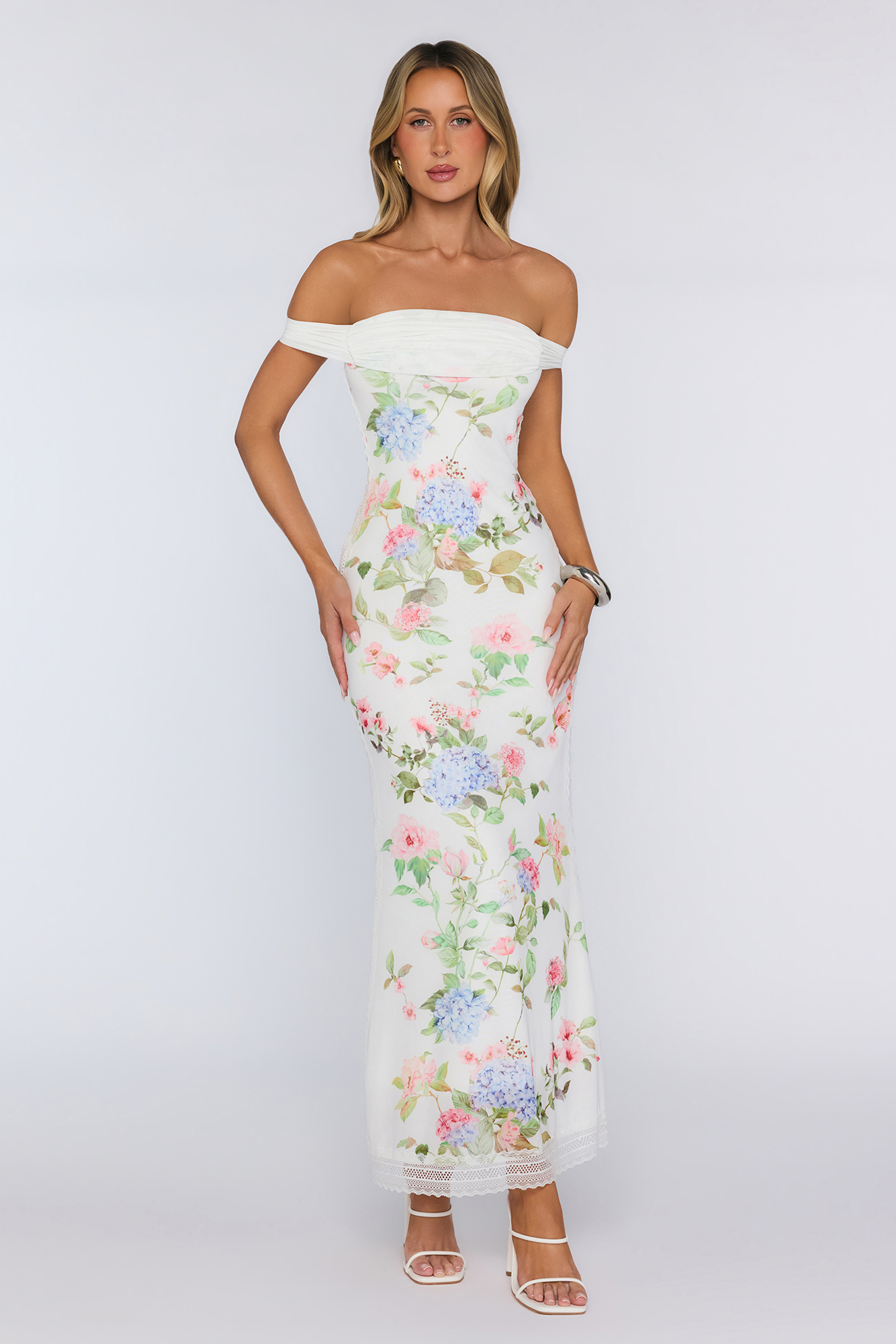 Romantic Garden Floral Off The Shoulder Maxi Dress White