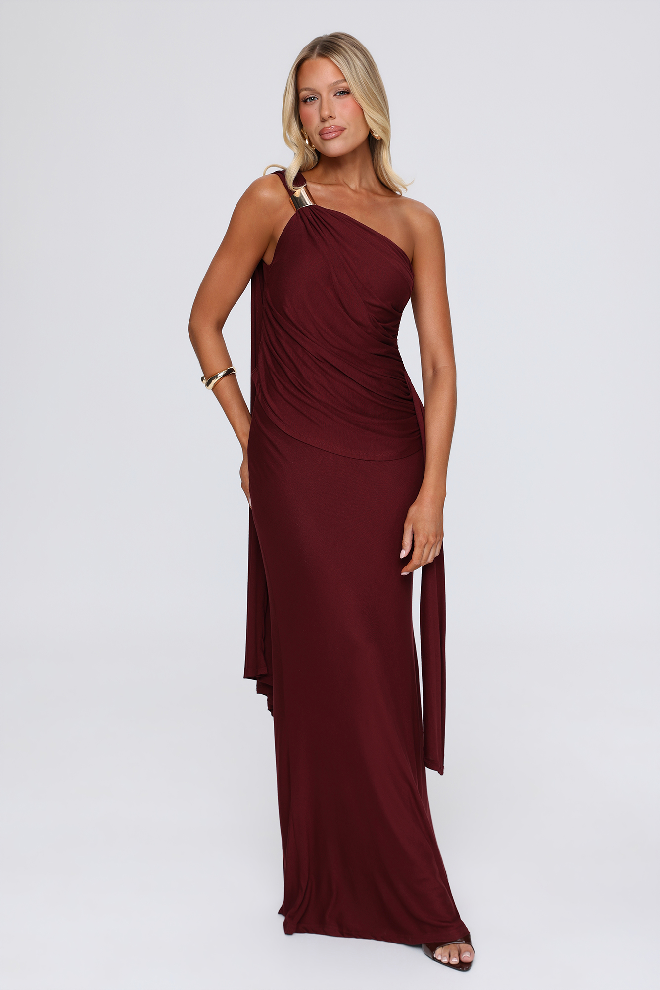 Pretty Electric One Shoulder Maxi Dress Wine