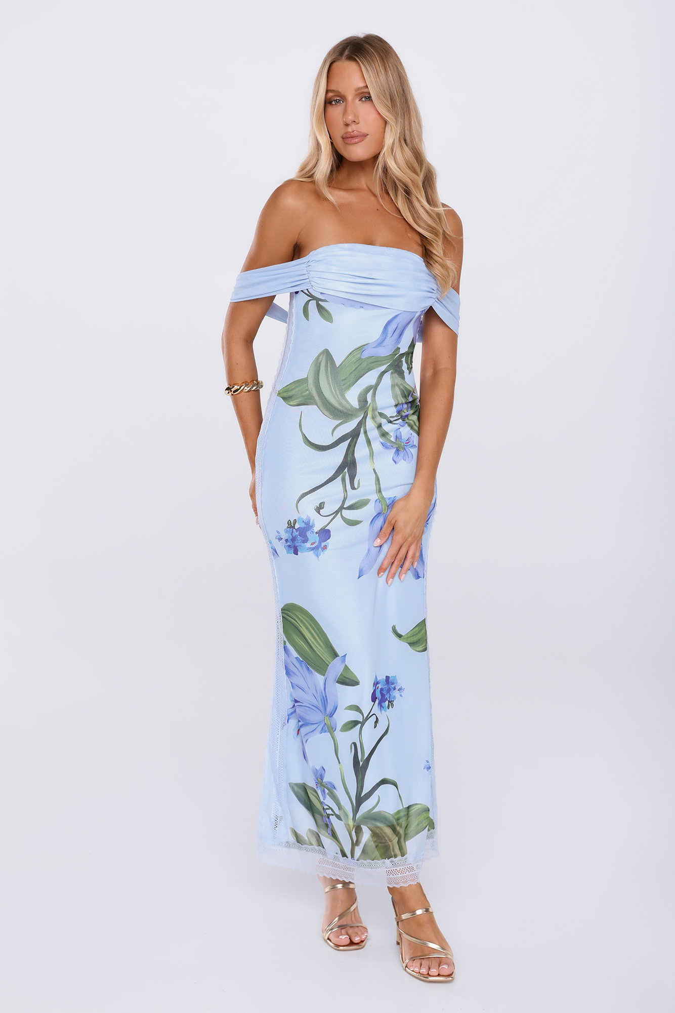Sweet Society Mesh Off The Shoulder Maxi Dress Blue
