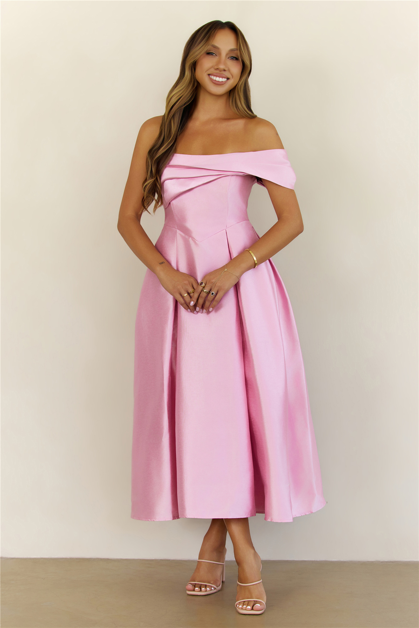 Timeless Satin Folded Off Shoulder Midi Dress Pink