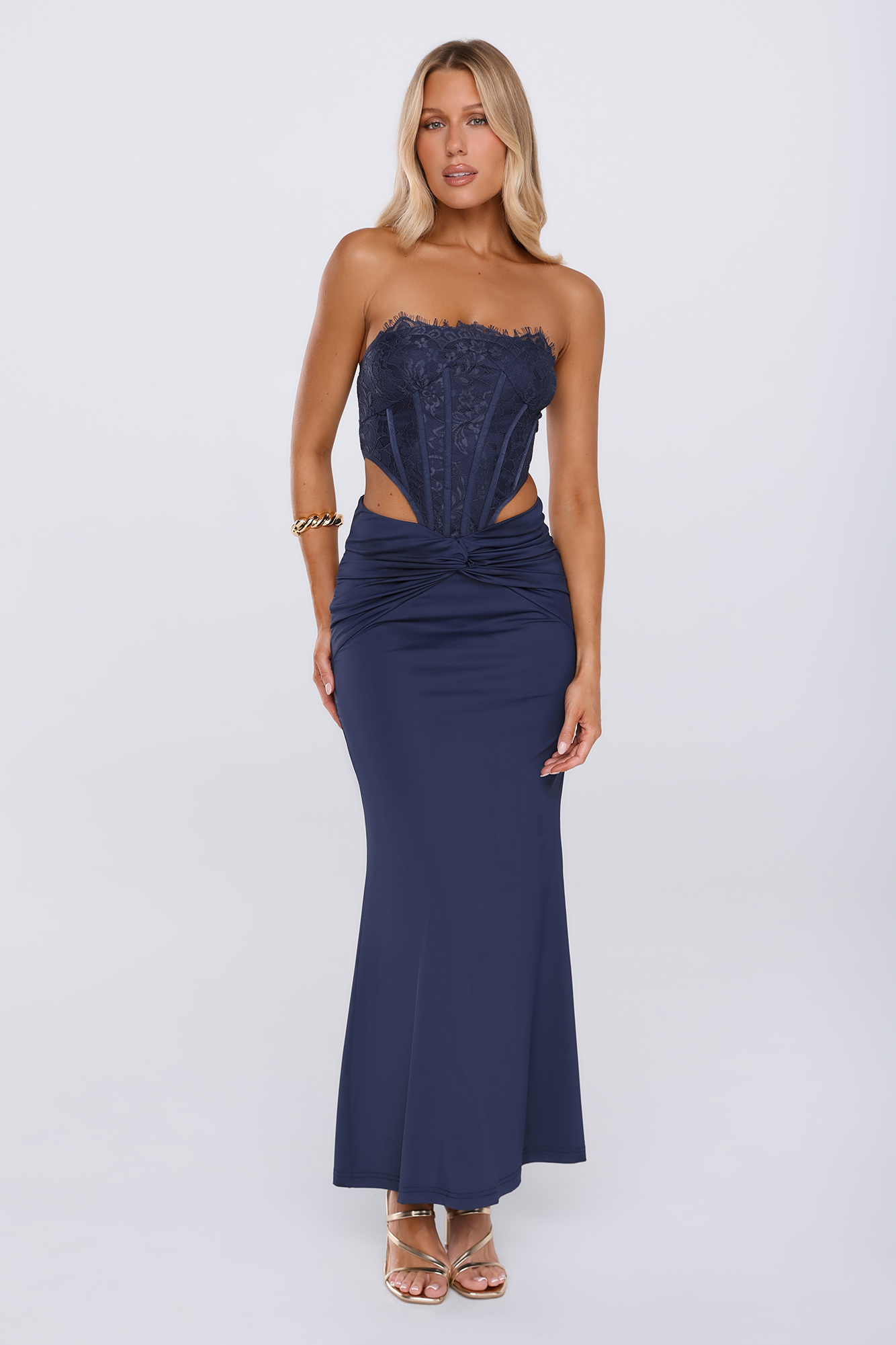 Styled Different Lace Strapless Maxi Dress Navy