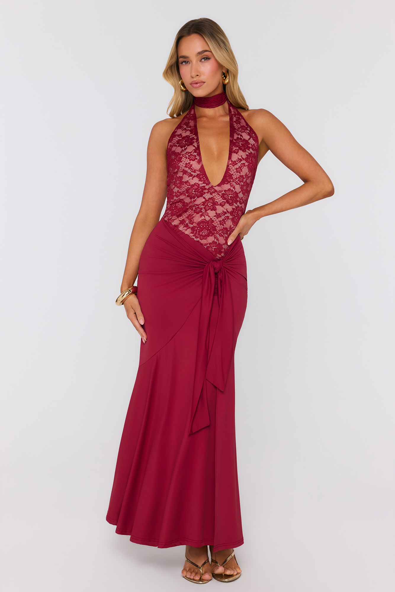 Highly Desired Halter Lace Maxi Dress Wine