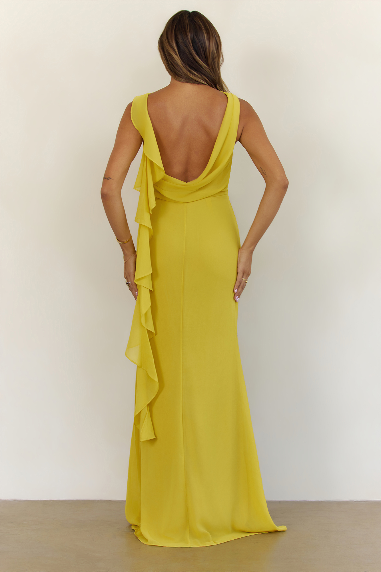 Elegant Chiffon Draped Cowl Back Maxi Dress Yellow