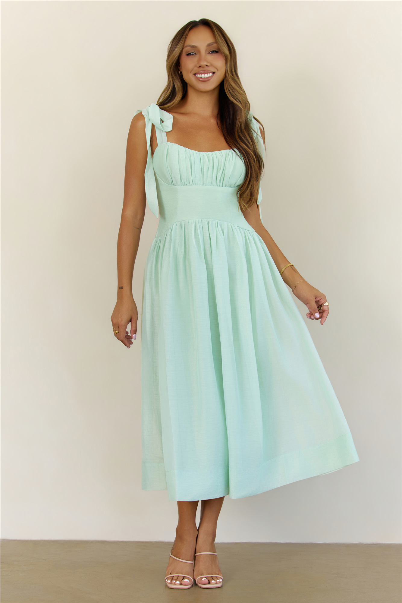 Sweetest Escape Ruched Tie Shoulder Midi Dress Mint
