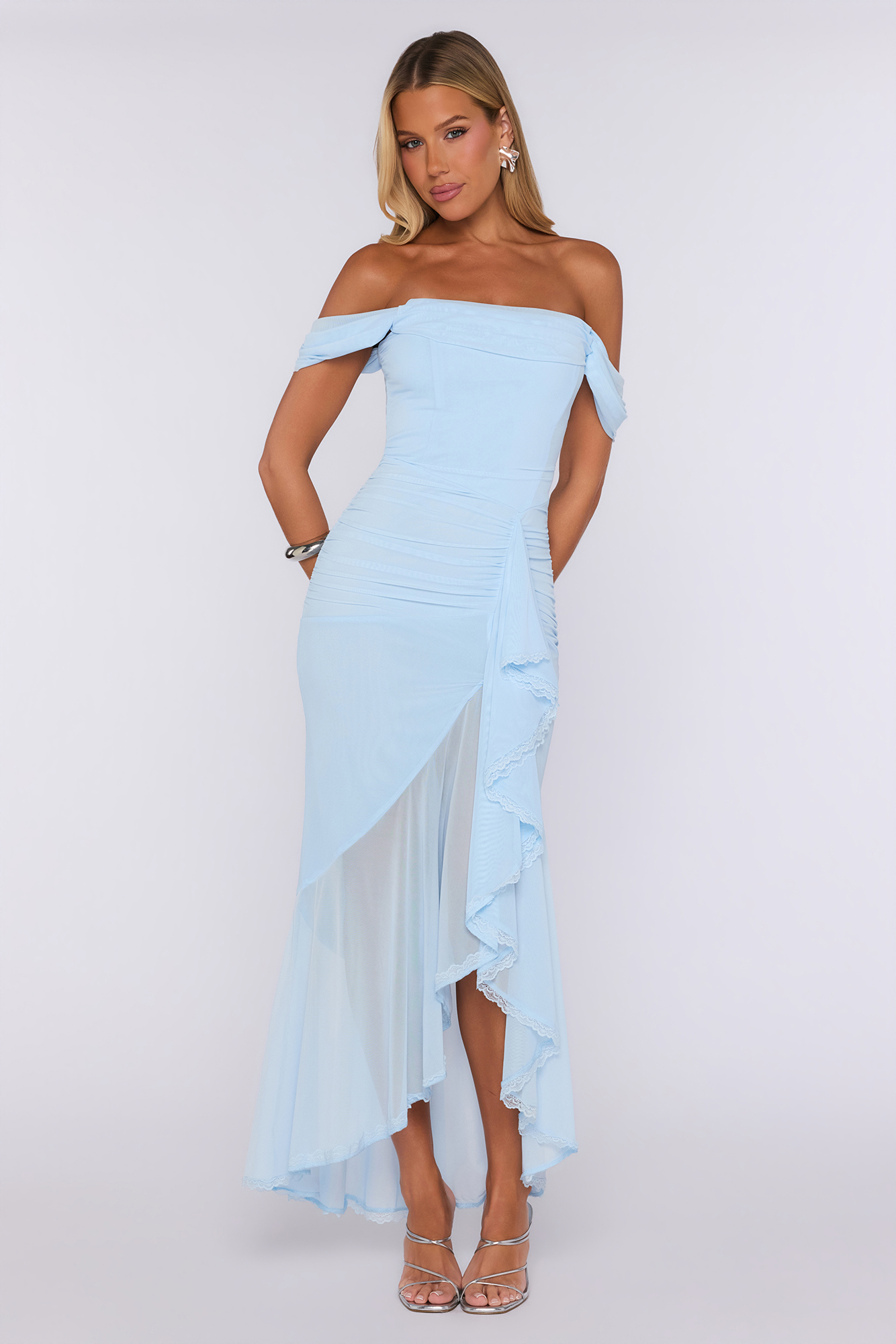 The Style Structure Mesh Off The Shoulder Maxi Dress Light Blue