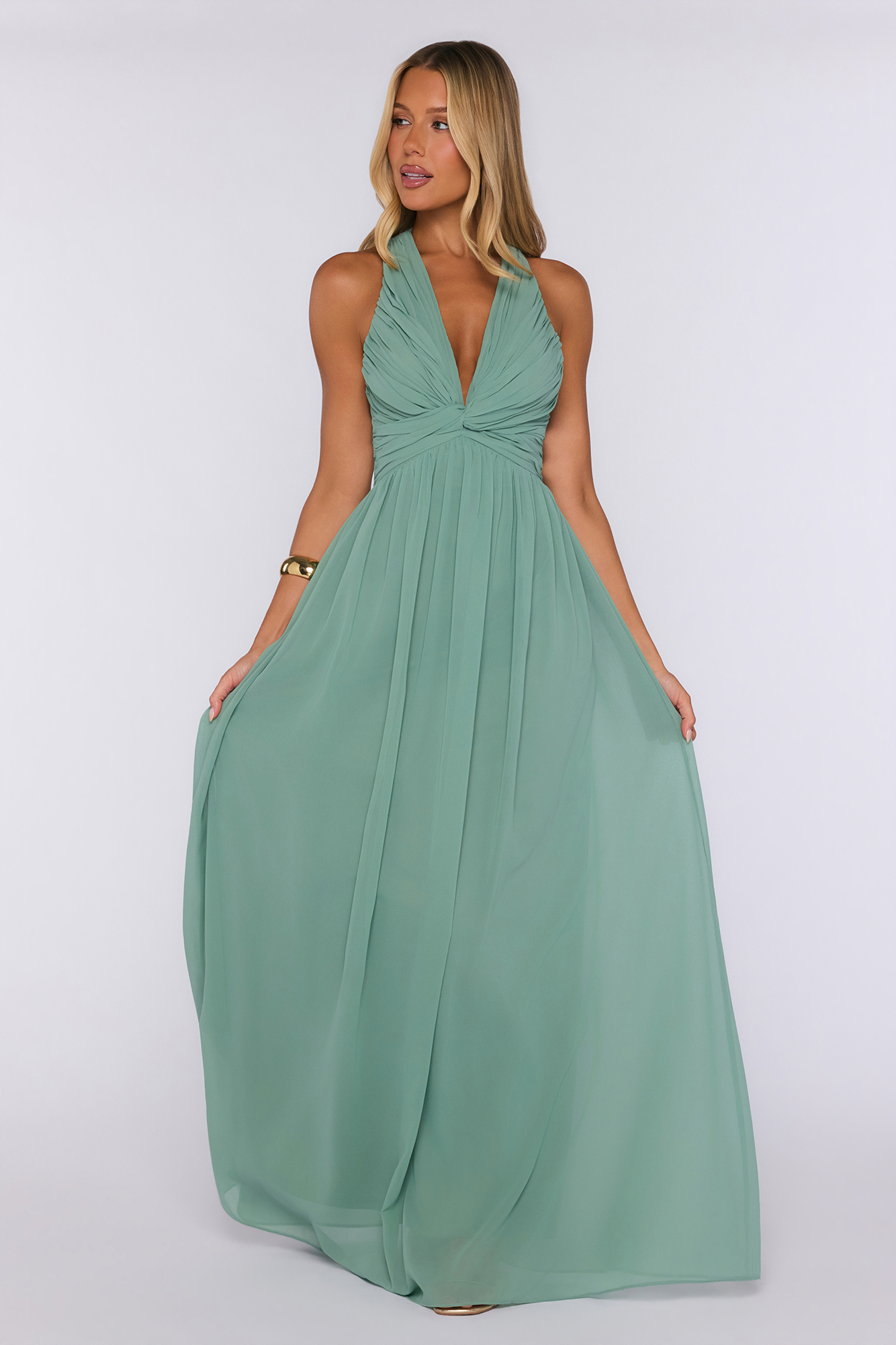 Ethereal Chiffon Twist Halter Maxi Dress Sage Green