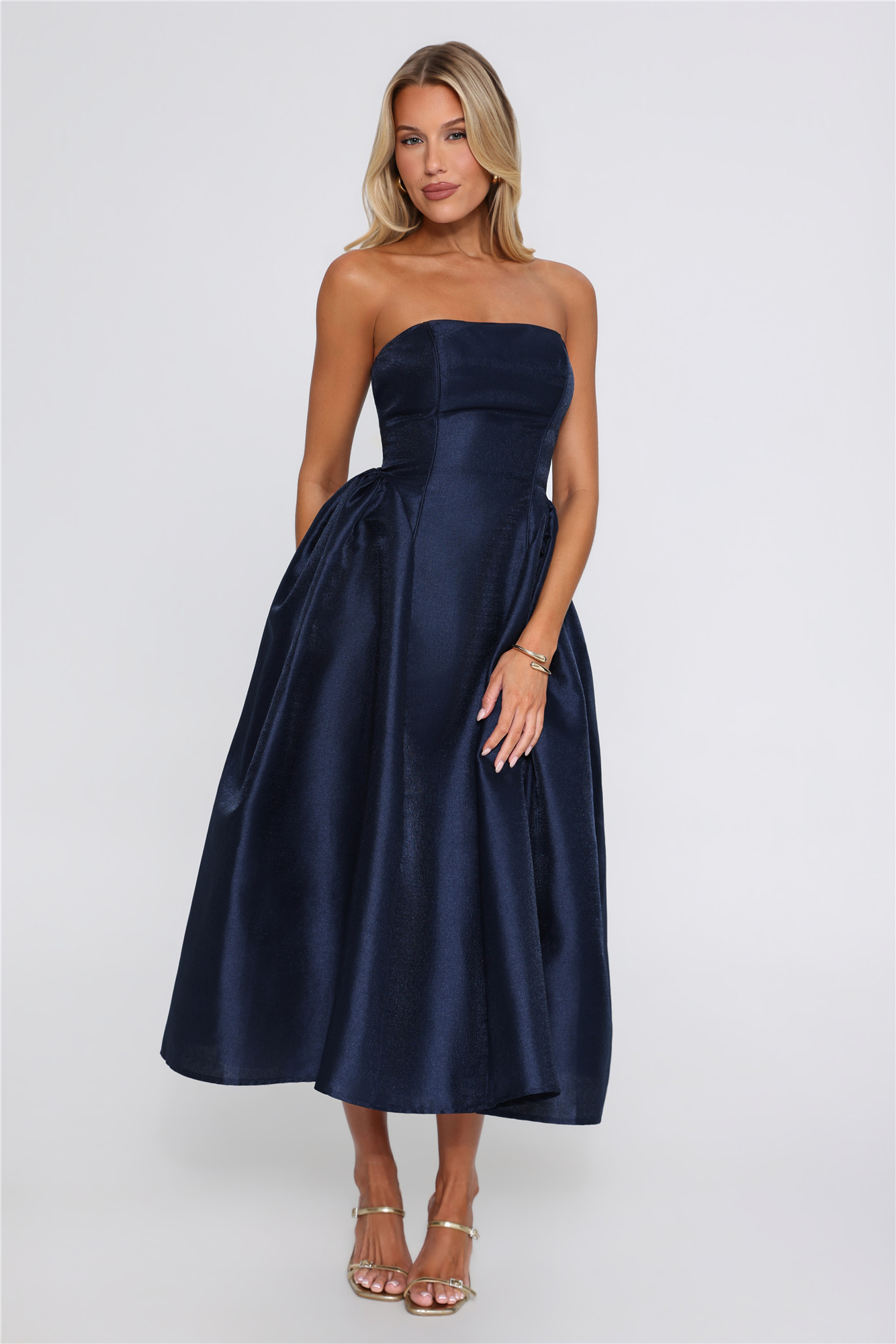 Formal Stylish Strapless Satin Maxi Dress Navy