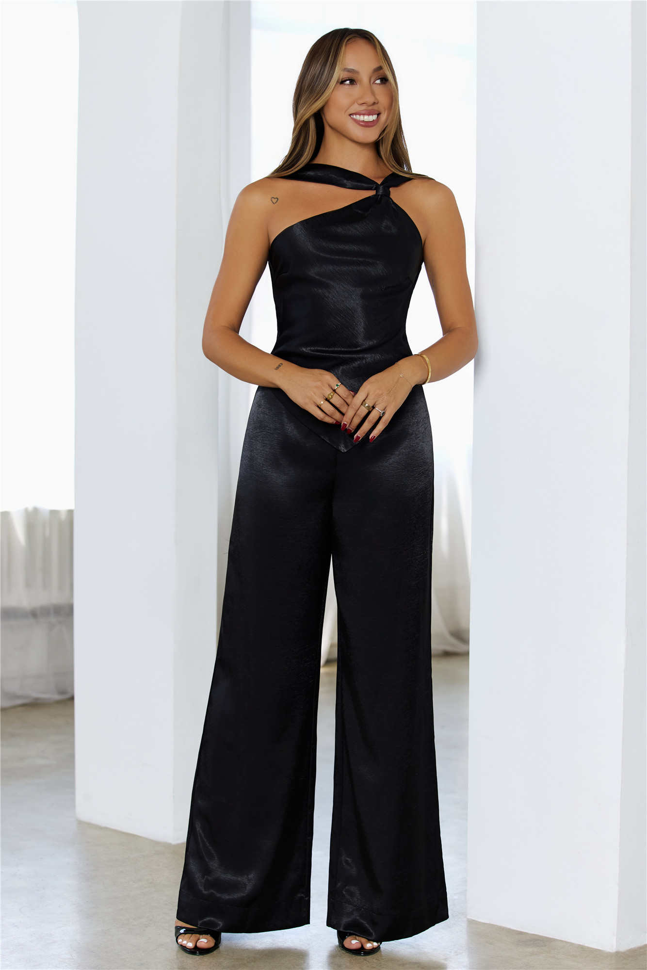 Midnight Muse Satin Backless Jumpsuit Black