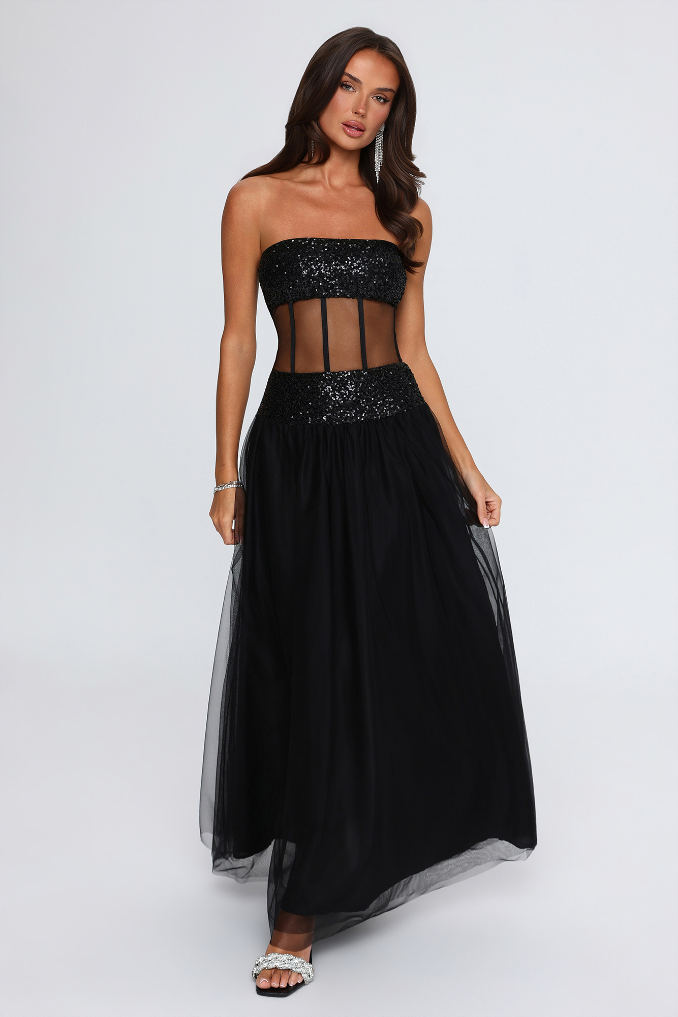 Main Attraction Sequin Mesh Strapless Maxi Dress Black