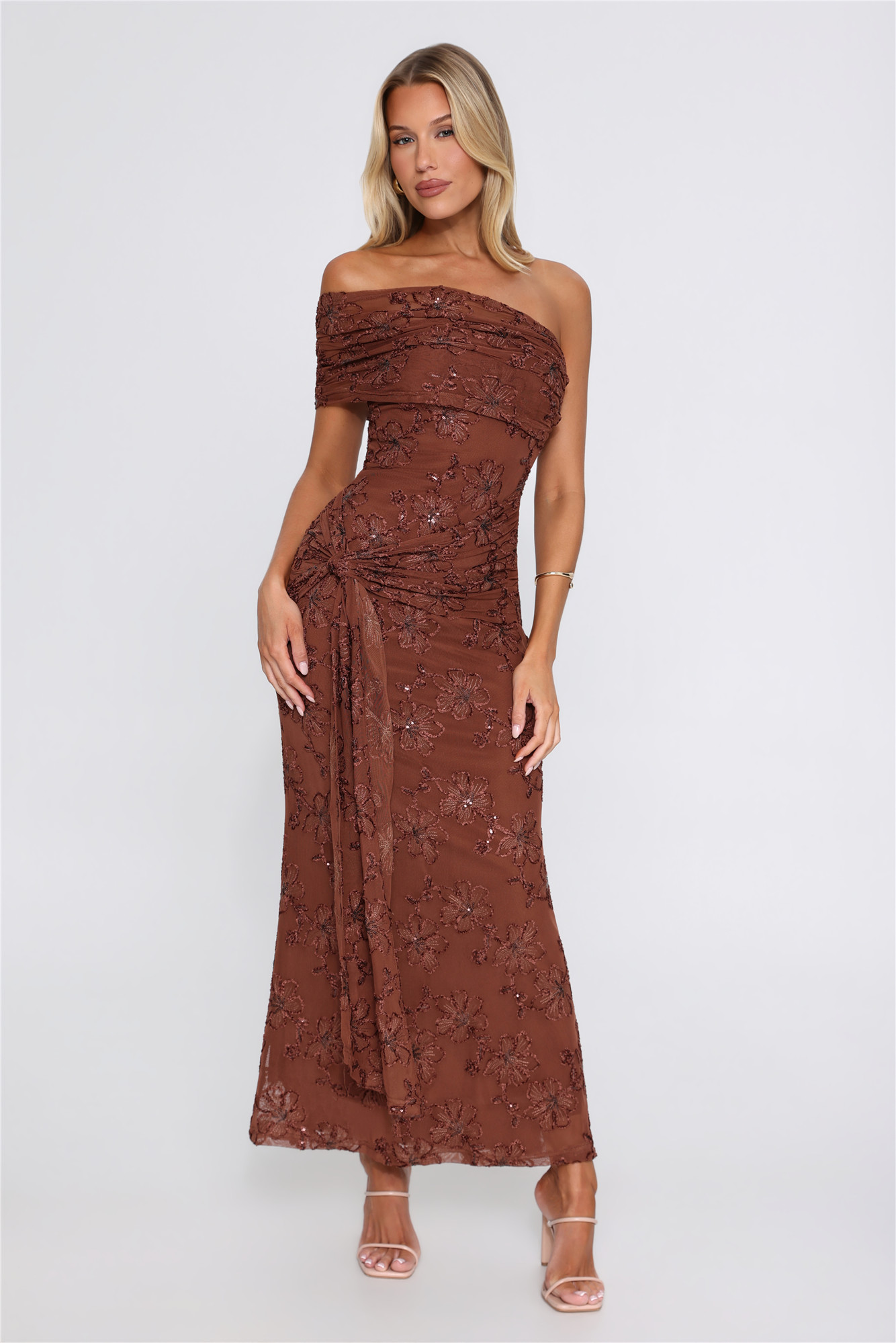 Spark Out Mesh One Shoulder Maxi Dress Brown
