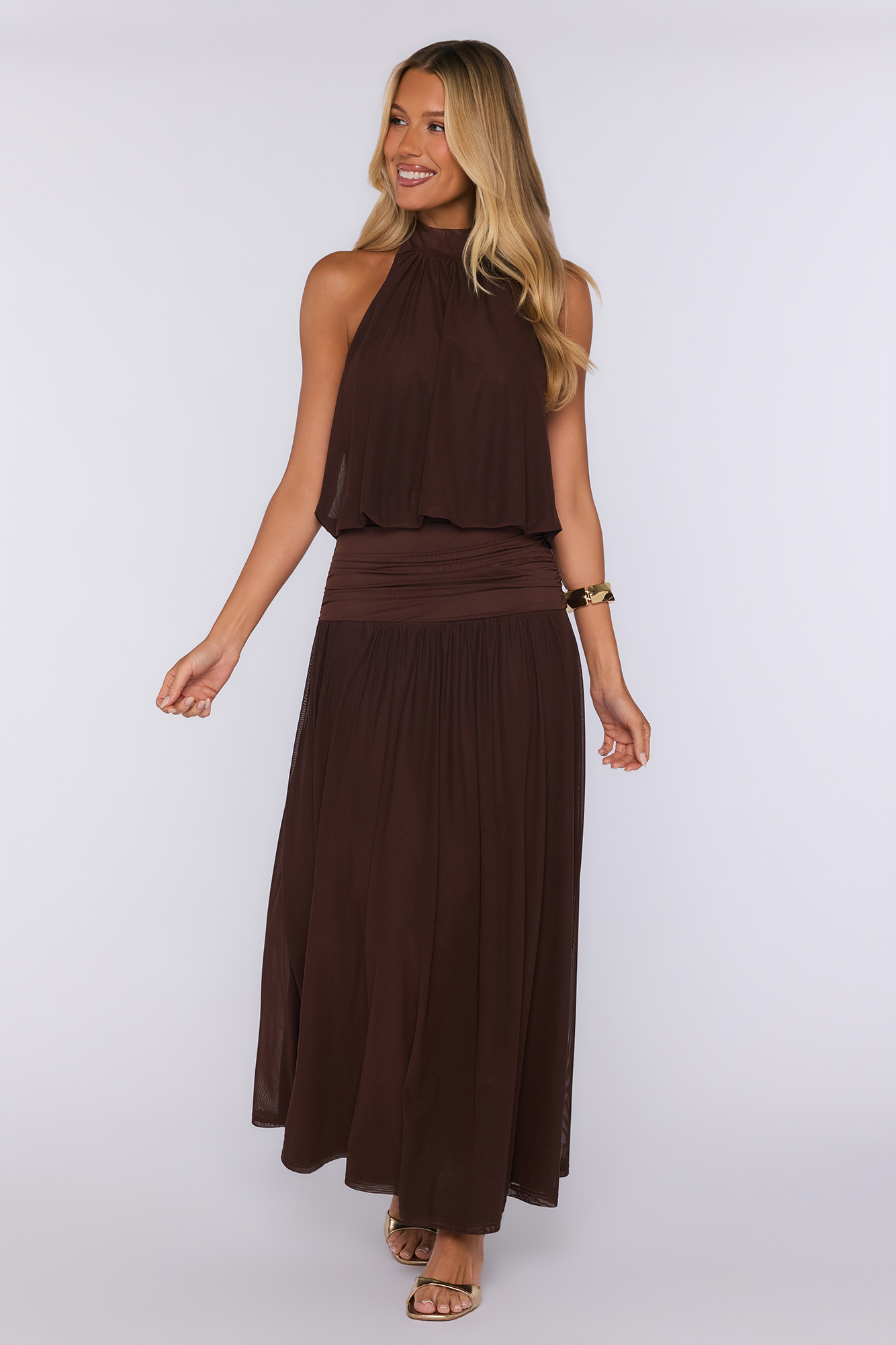 Dreamy Flowy Halter Maxi Dress Brown