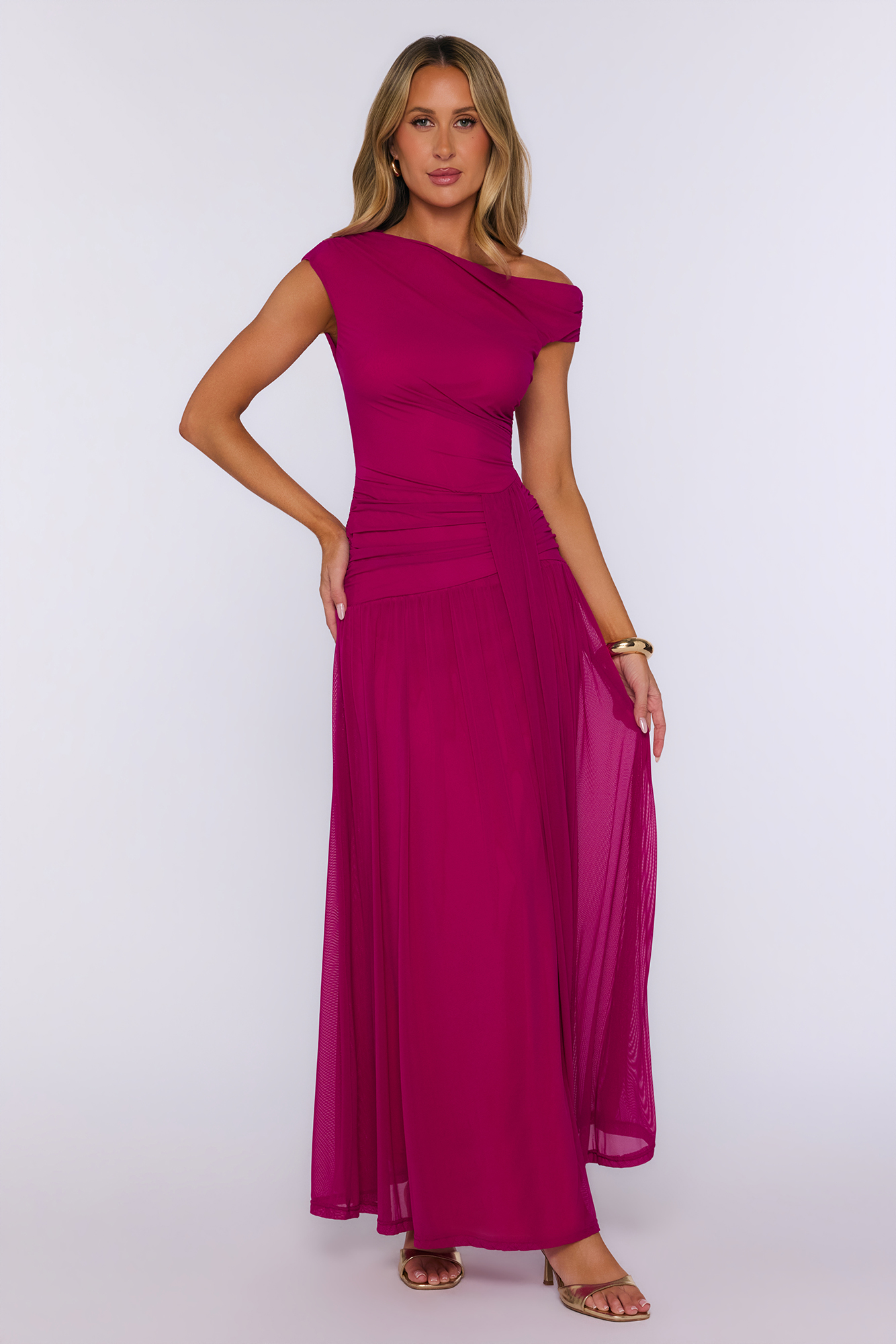 Out For Something Off Shoulder Mesh Maxi Dress Magenta