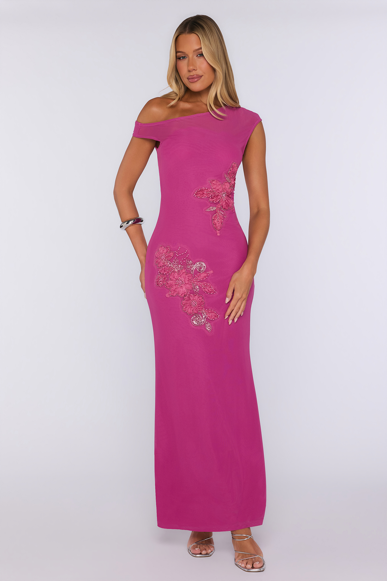 Late Night Magic Off Shoulder Mesh Maxi Dress Magenta