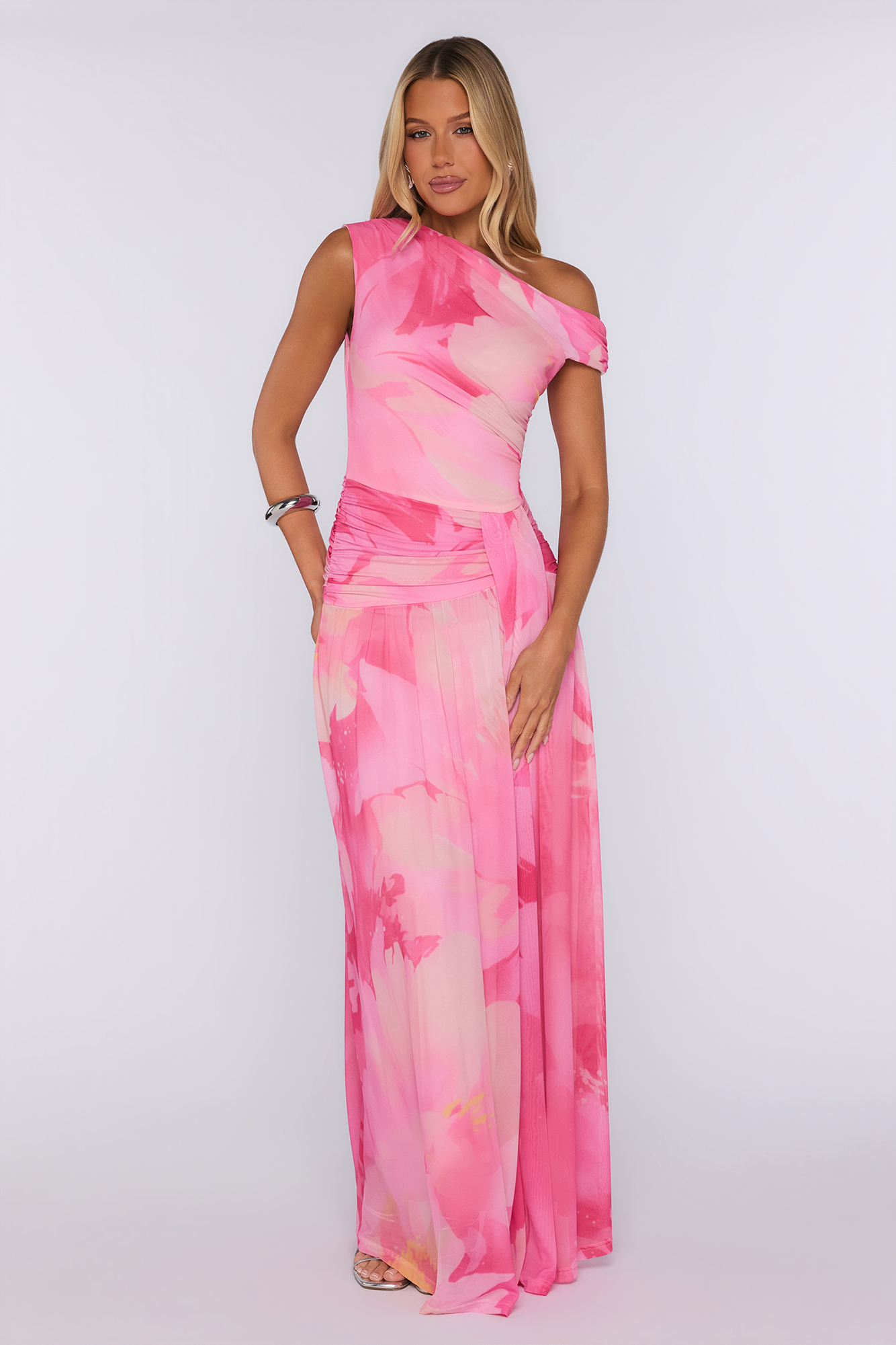 Pixie Kiss Off Shoulder Mesh Maxi Dress Pink