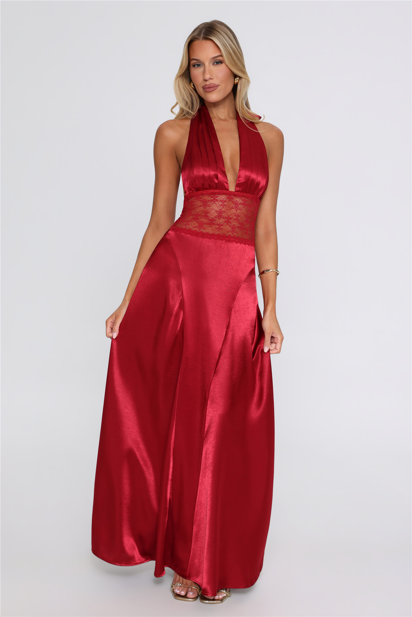 Rouge Nights Satin Halter Maxi Dress Red
