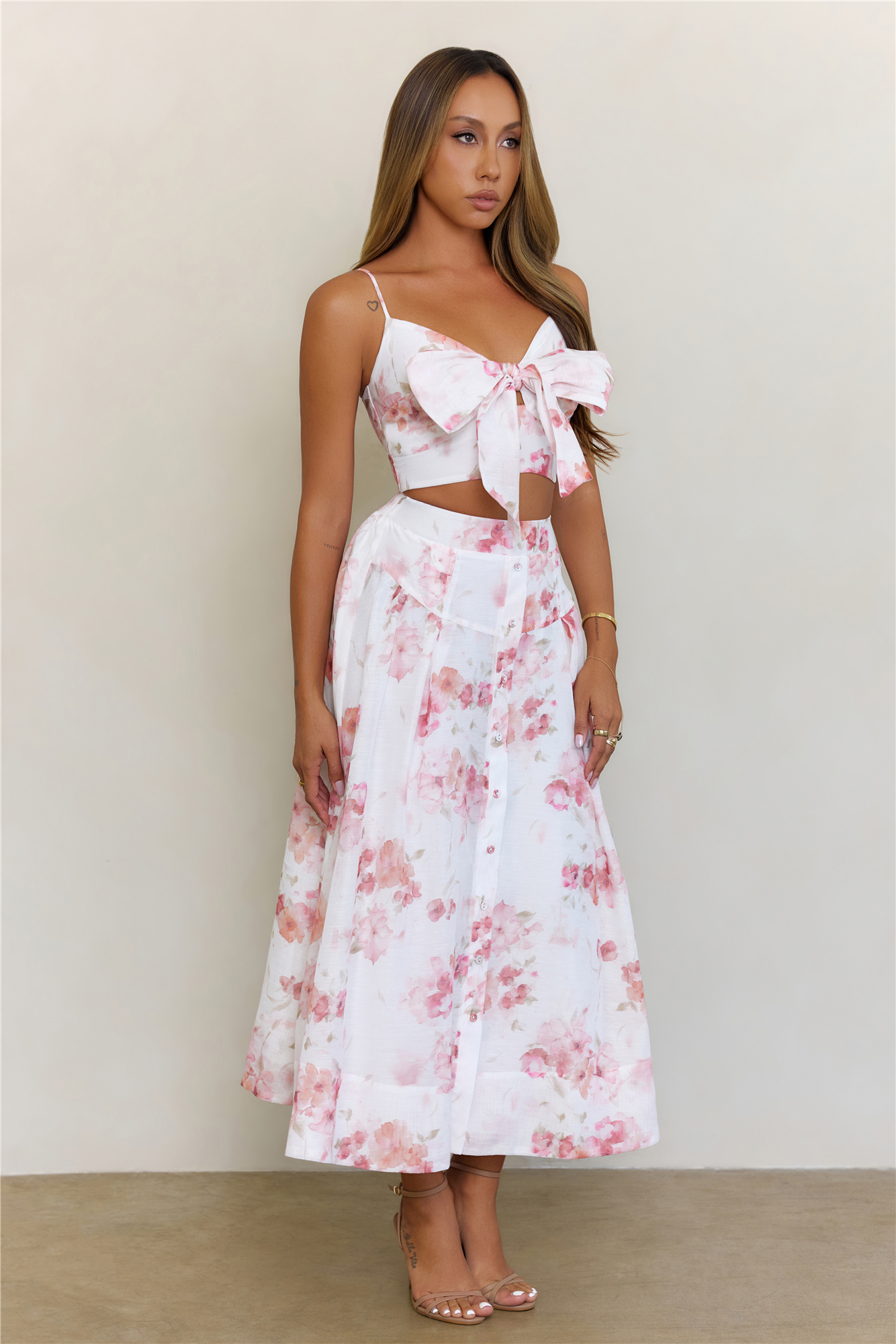 Sweetest Soul Floral Bow Crop Top Midi Set Pink