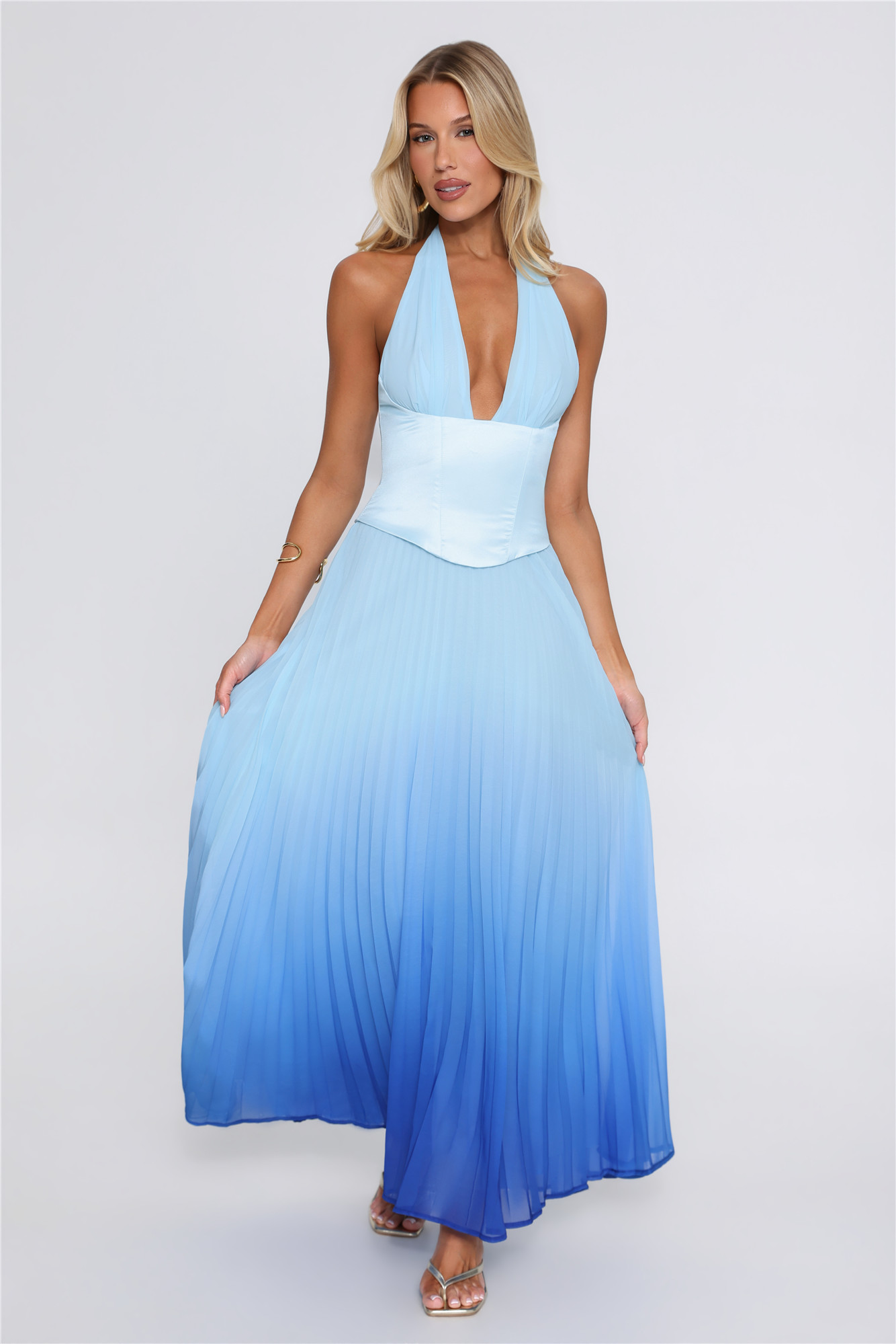 Party Guest Halter Pleated Maxi Dress Ombre Blue