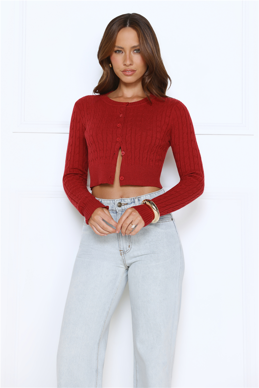 Knit Statement Cable Cropped Cardigan Red