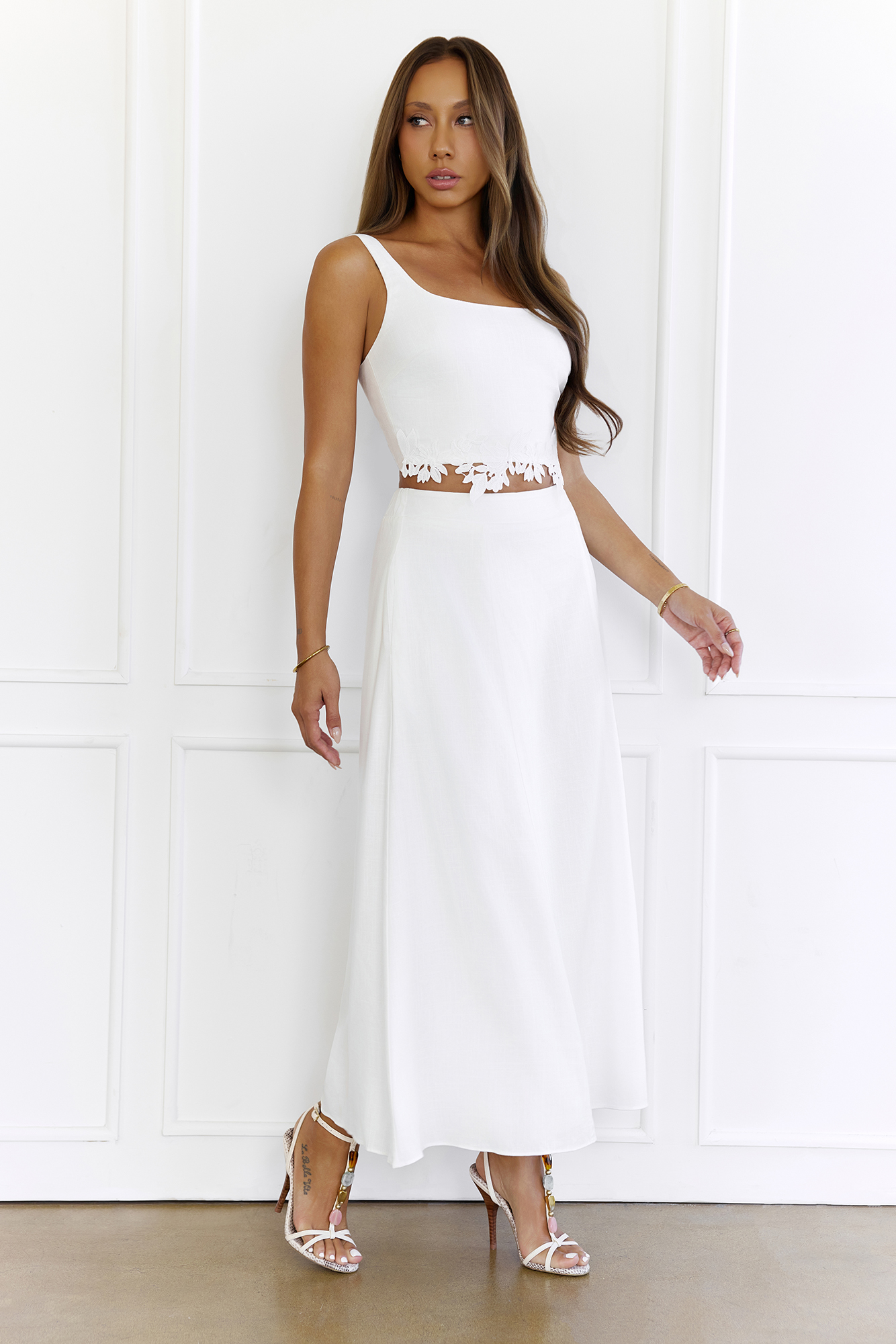 Chic Lace Detail Midi Skirt Set White