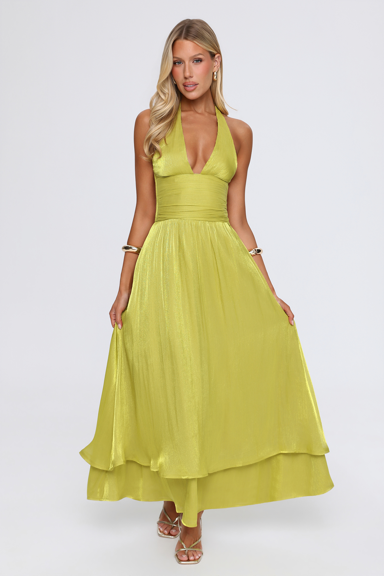 Shimmering Event Halter Maxi Dress Olive