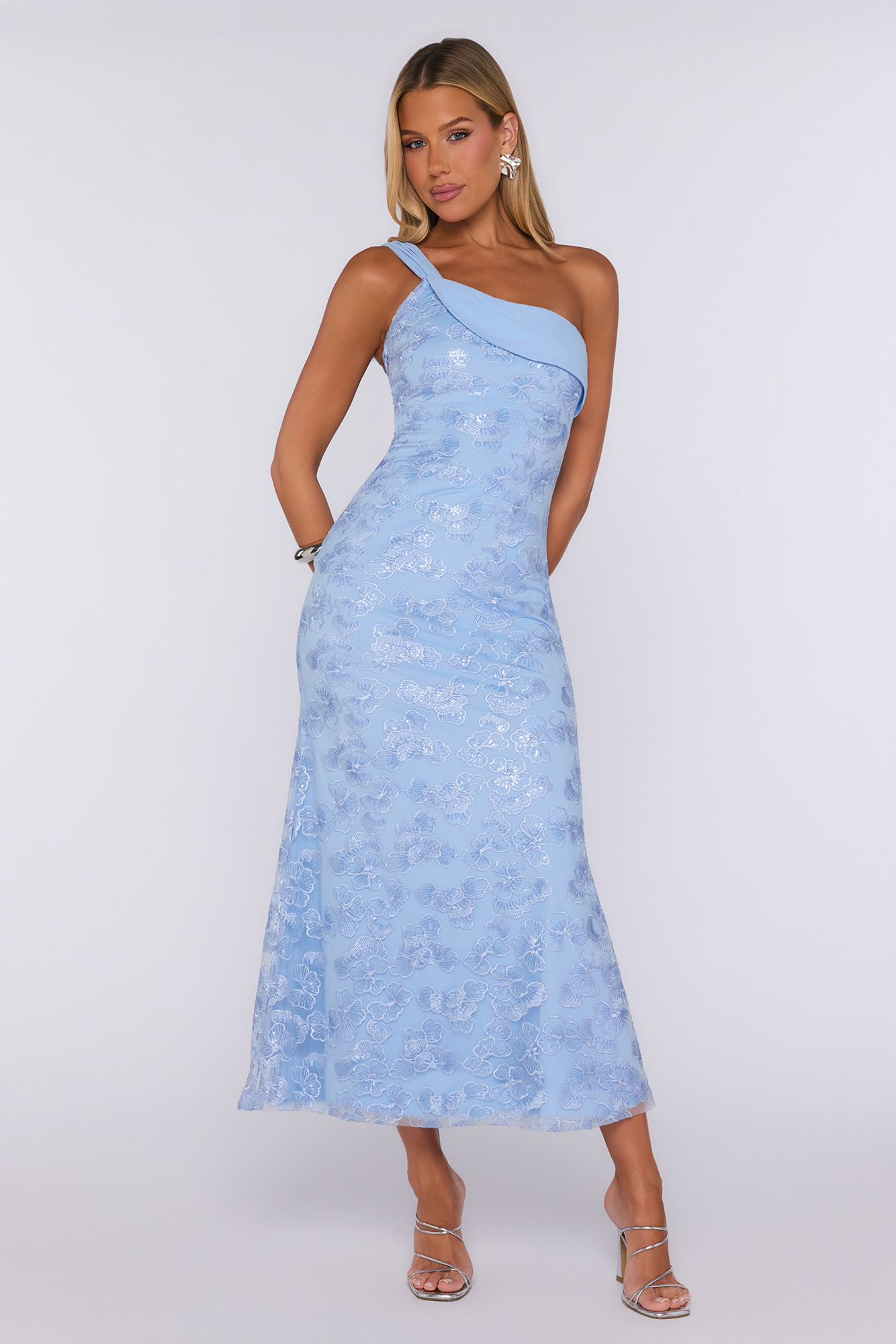 Graceful Enchantment Embroidered One Shoulder Maxi Dress Blue