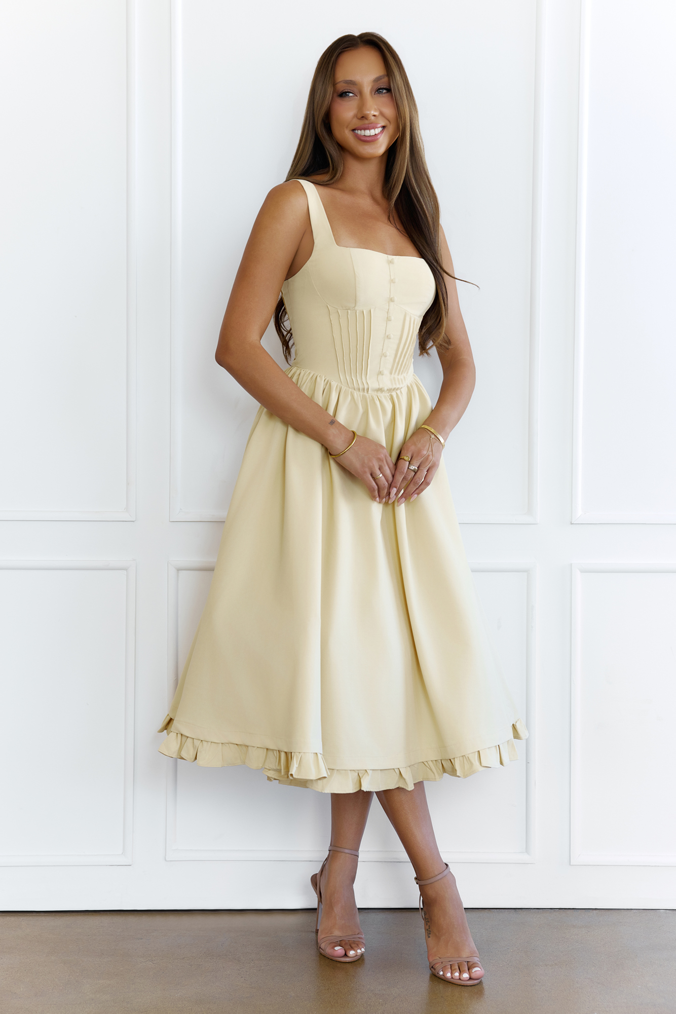 Hello Molly Chic Pleated Corset Bodice Midi Dress Yellow