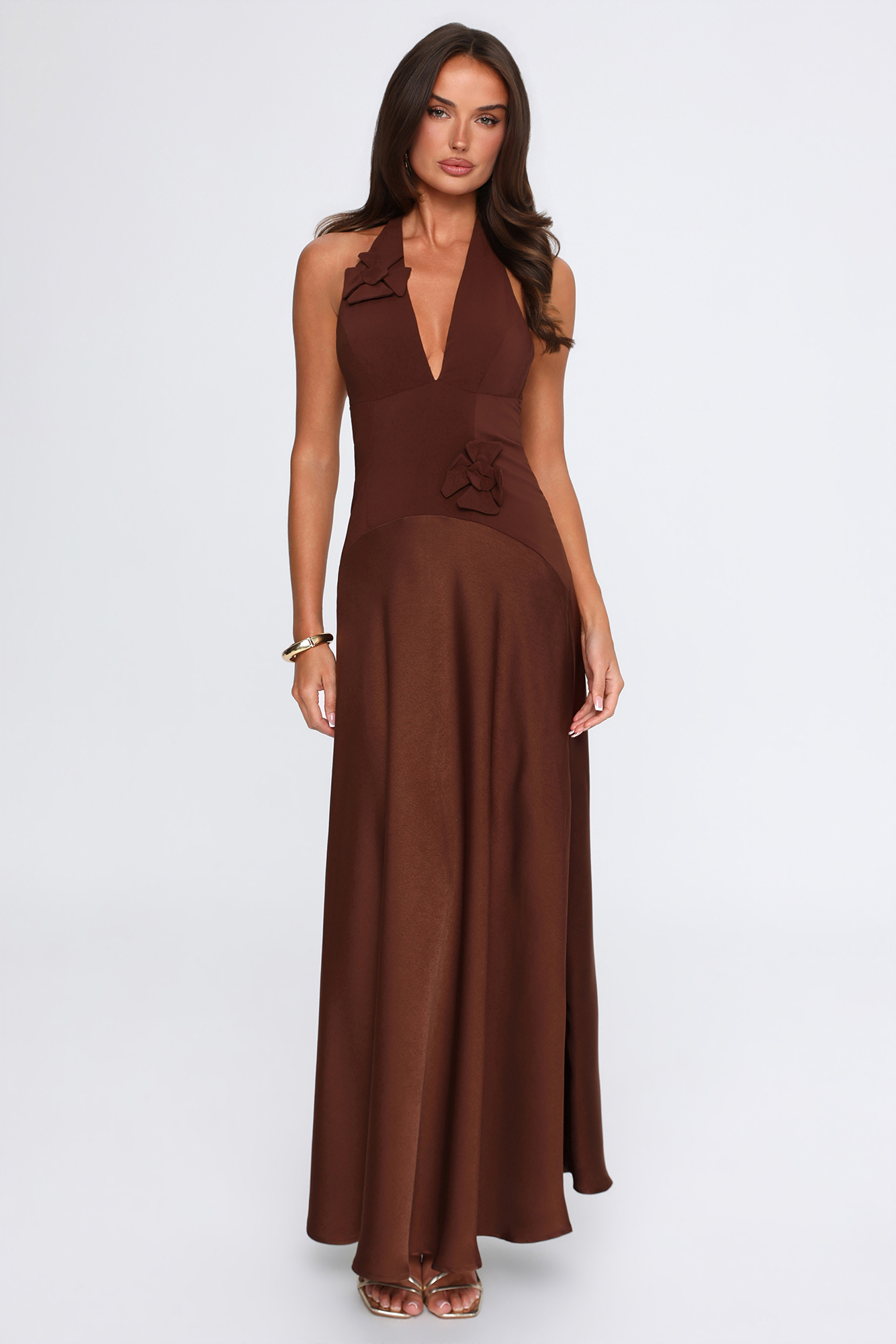 Soiree Of You Satin Halter Maxi Dress Brown