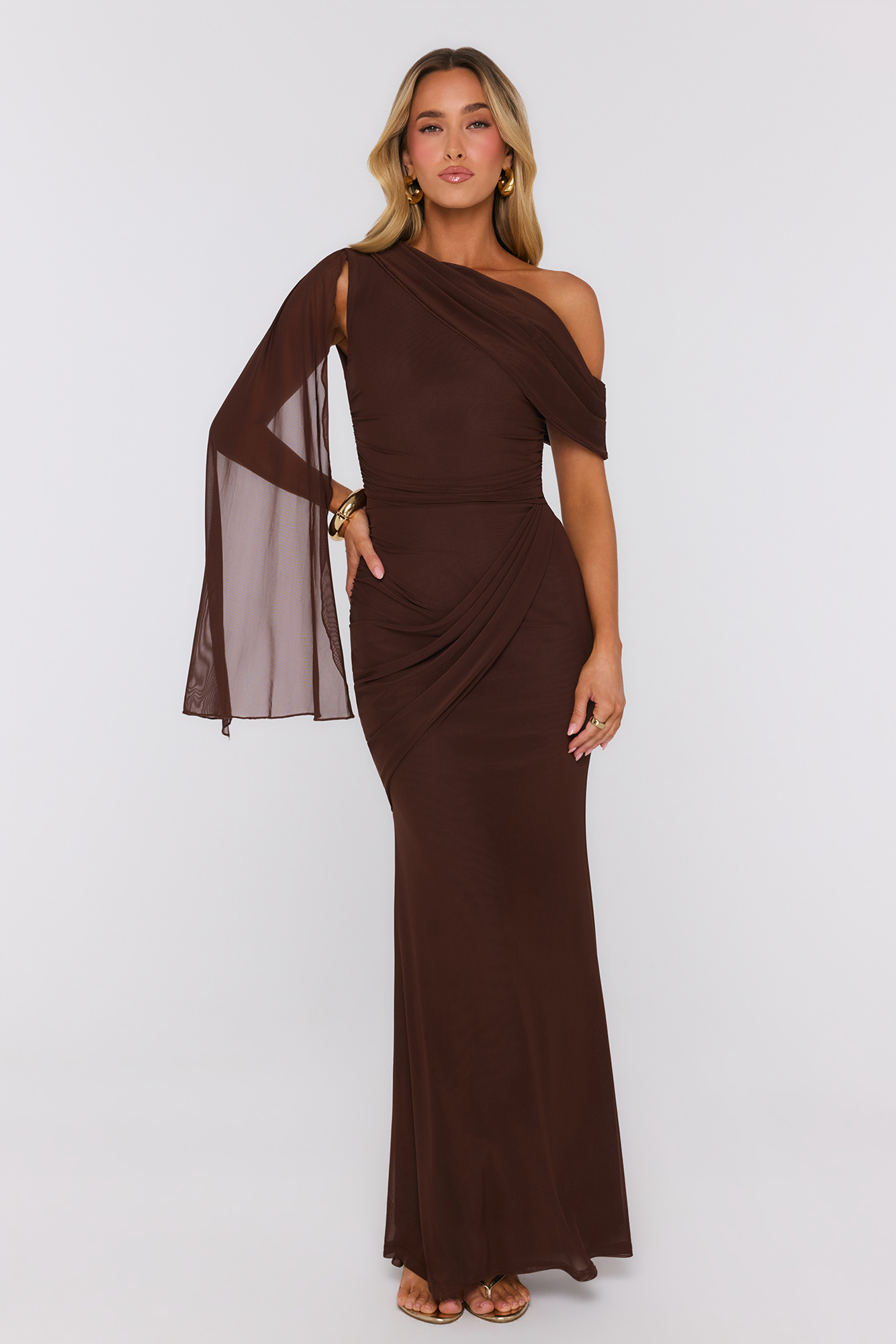 Endless Affair Off Shoulder Mesh Maxi Dress Brown
