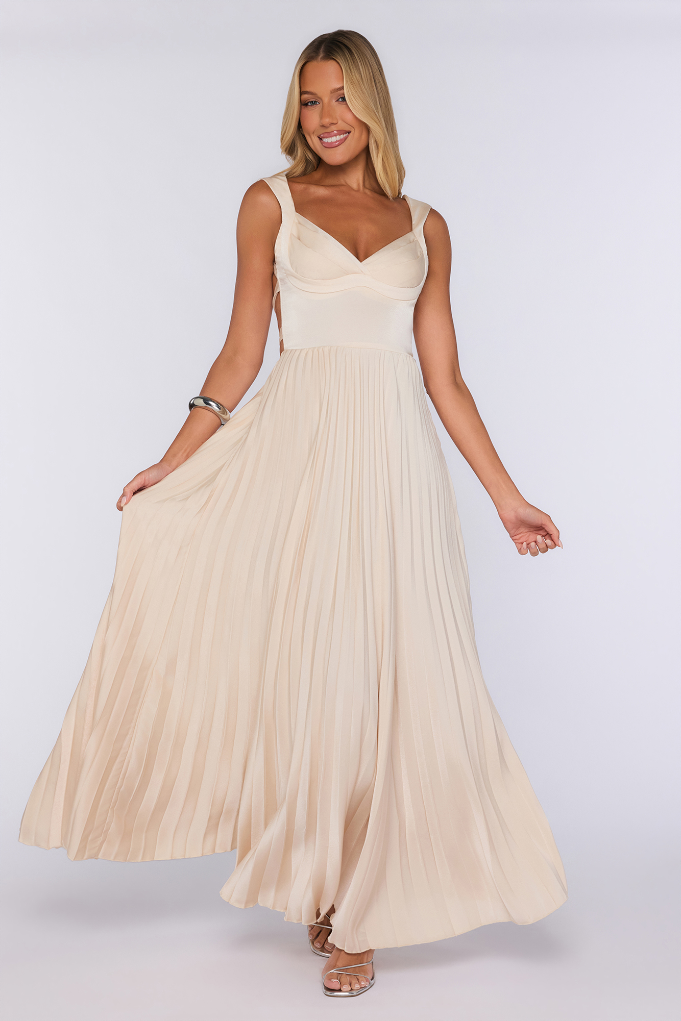 Satin Glow Pleated Maxi Dress Champagne
