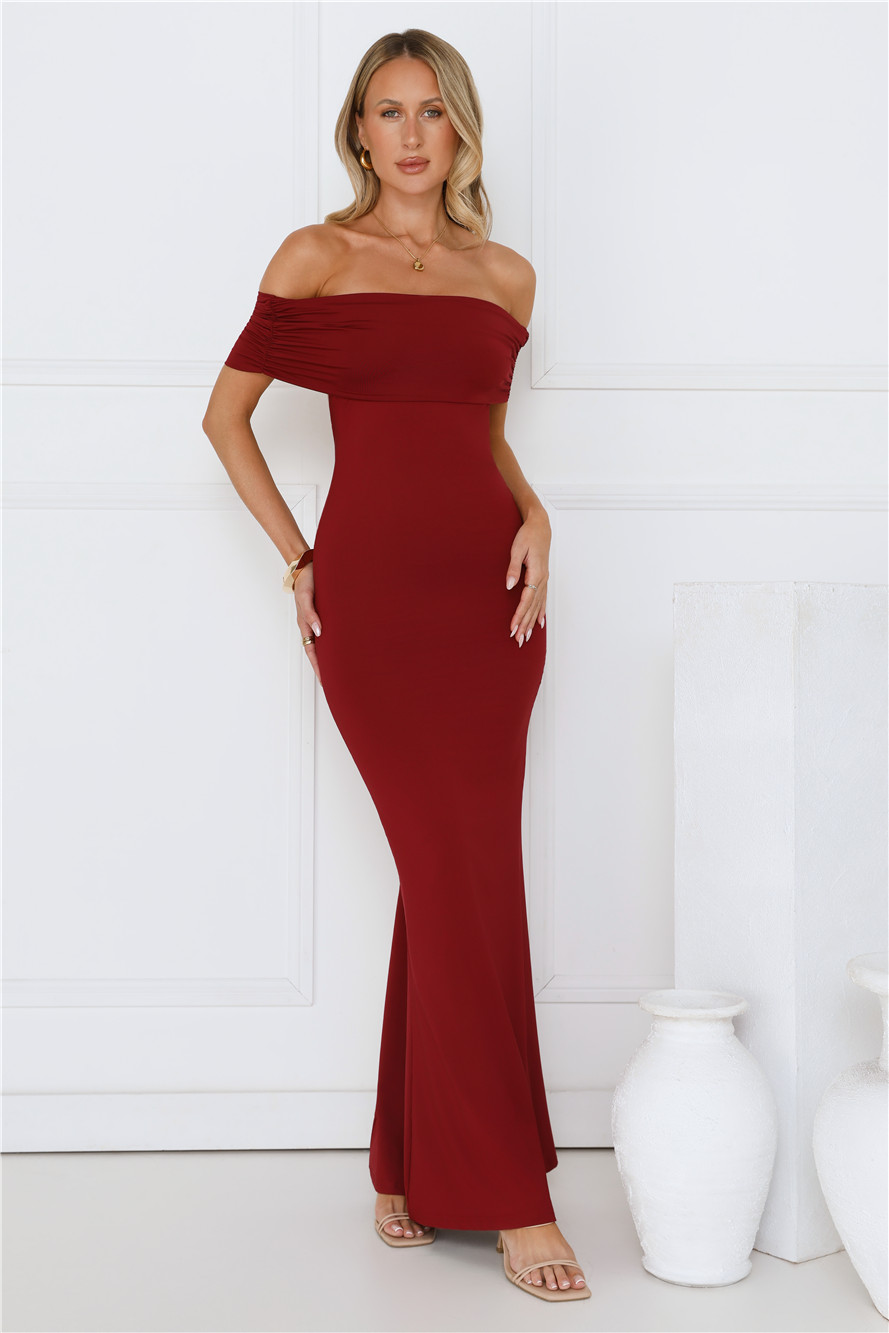 Vibe On Point Off Shoulder Maxi Dress Wine