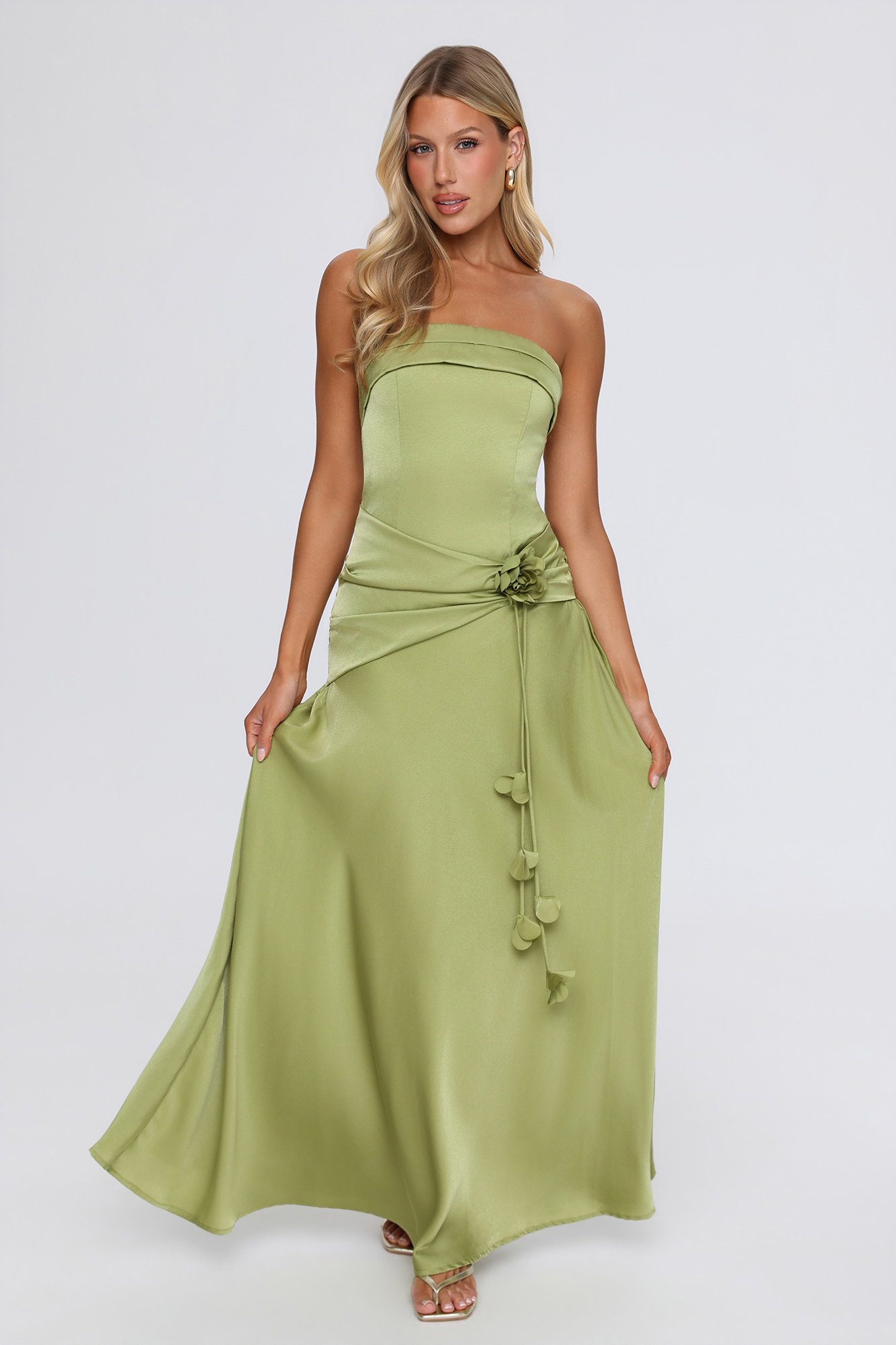 The Muse Effect Satin Strapless Maxi Dress Olive