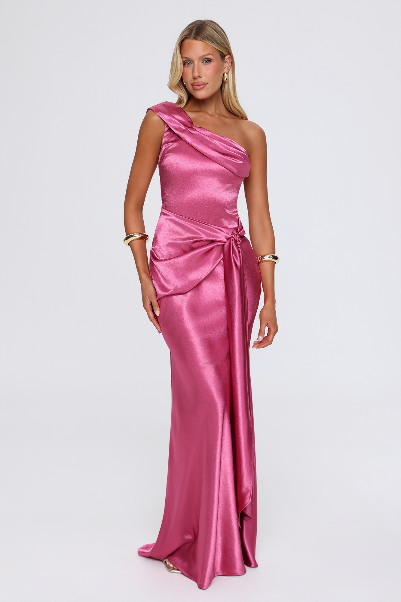 Golden Secret One Shoulder Satin Maxi Dress Plum