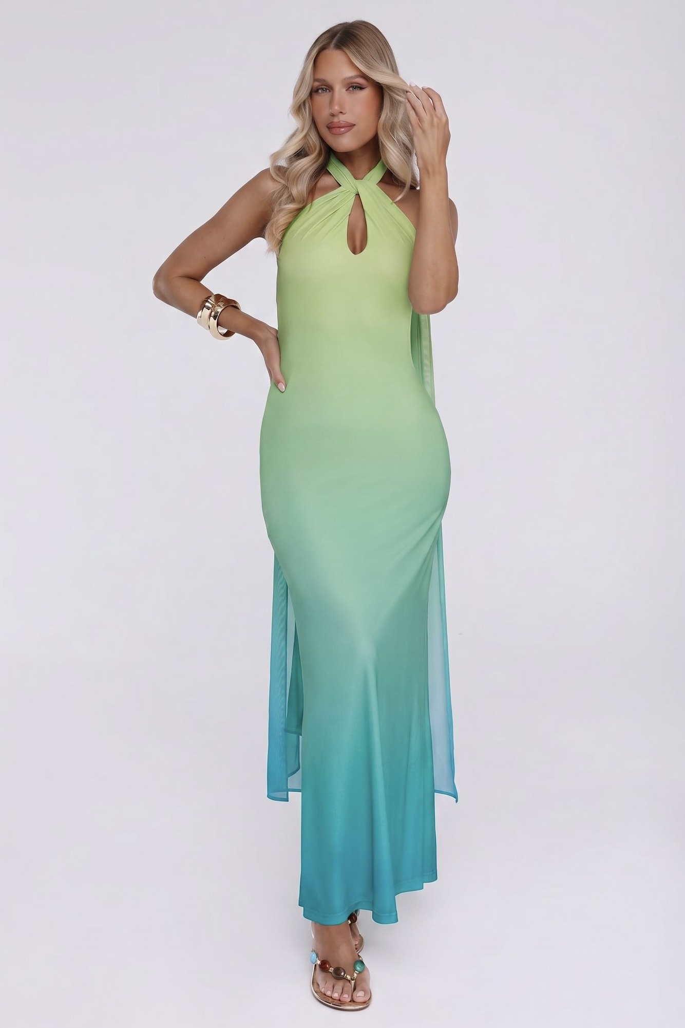 Softly Falling Mesh Halter Maxi Dress Aqua