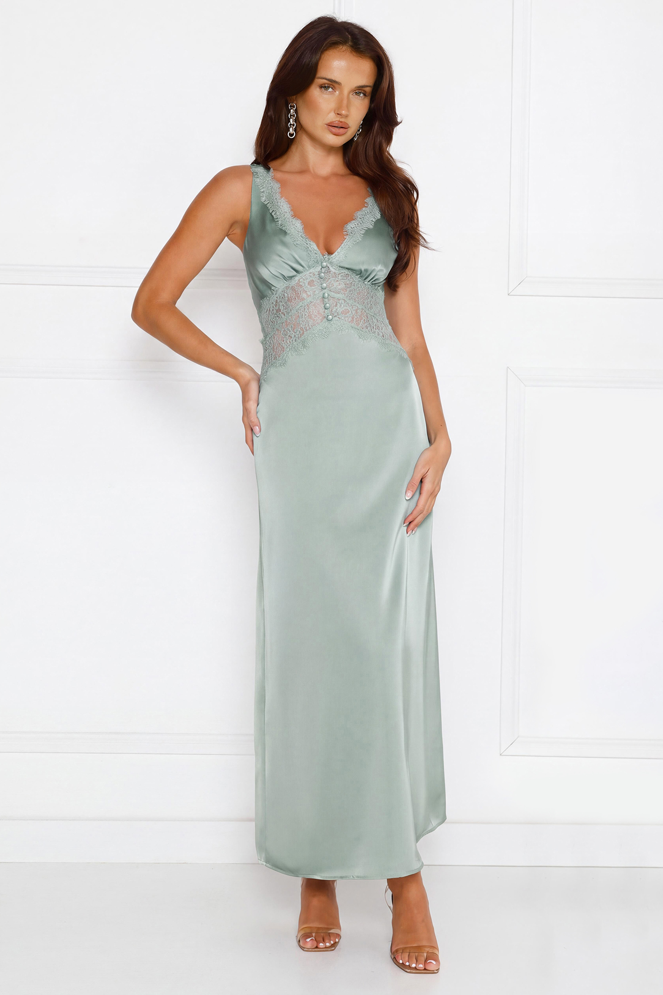 Soft Affection Satin Lace Maxi Dress Sage