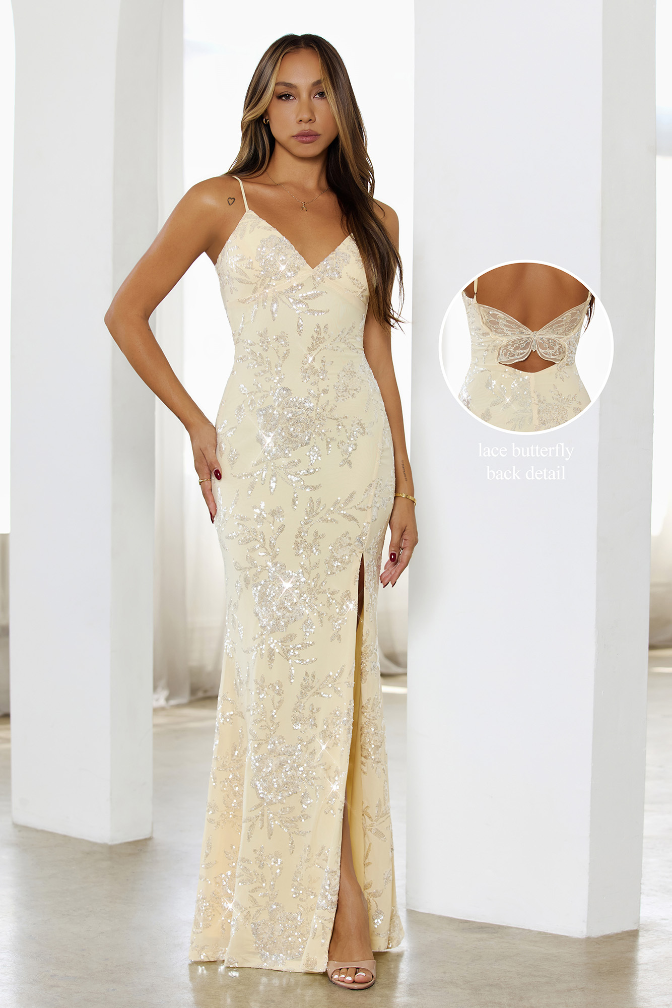 Floating On Air Sequin Butterfly Back Maxi Dress Butter Yellow