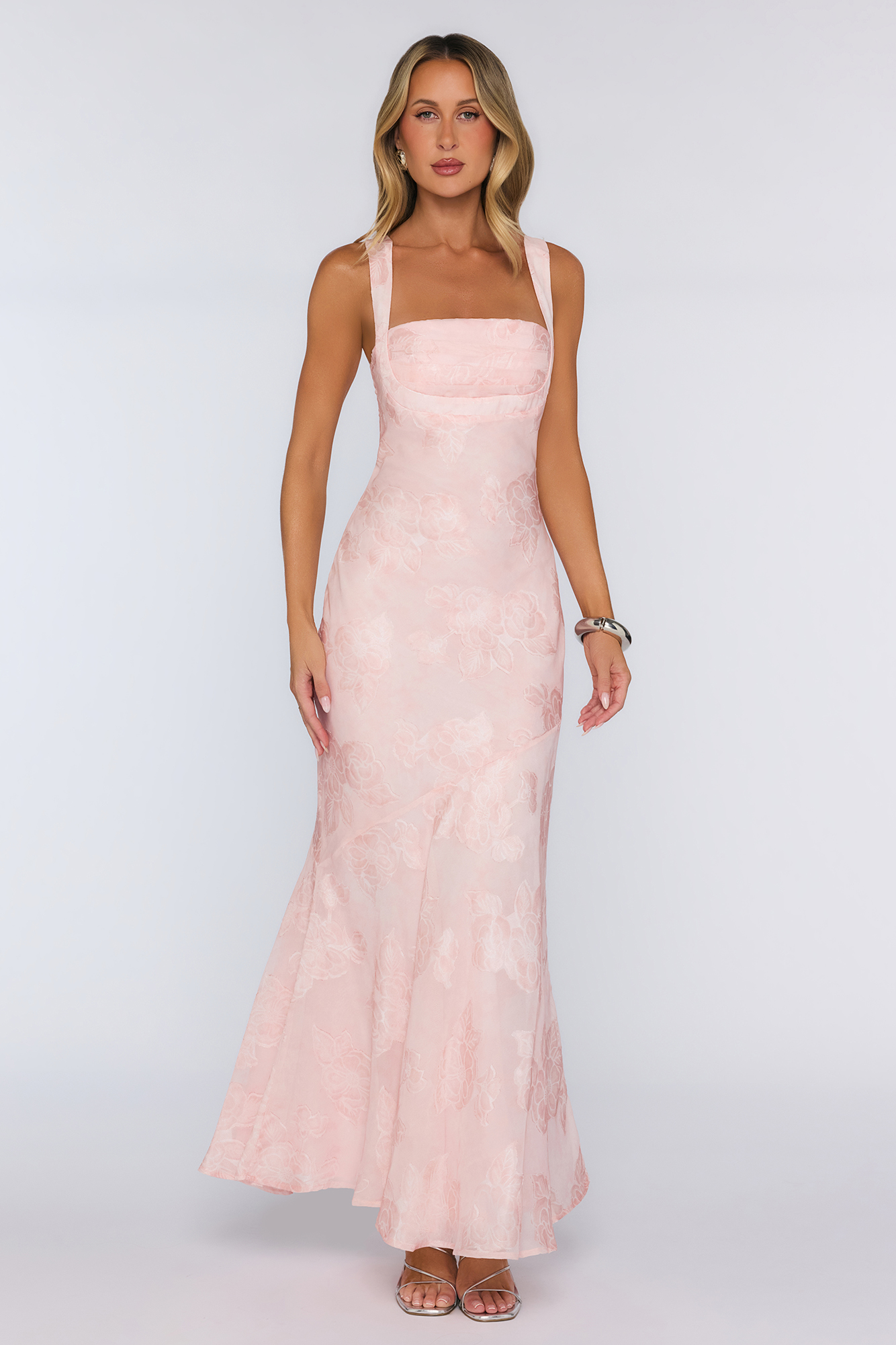 Sweetest Muse Textured Floral Fit To Flowy Maxi Dress Pink