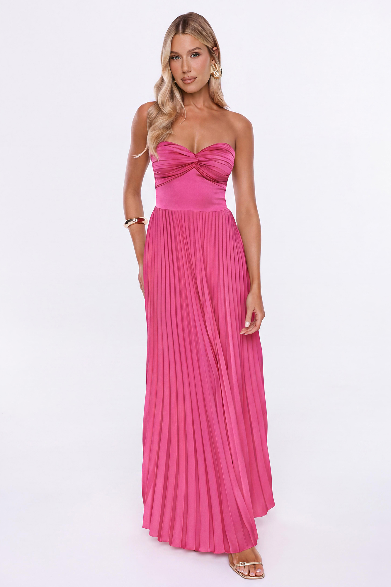 Dress Society Satin Pleated Strapless Maxi Dress Fuchsia