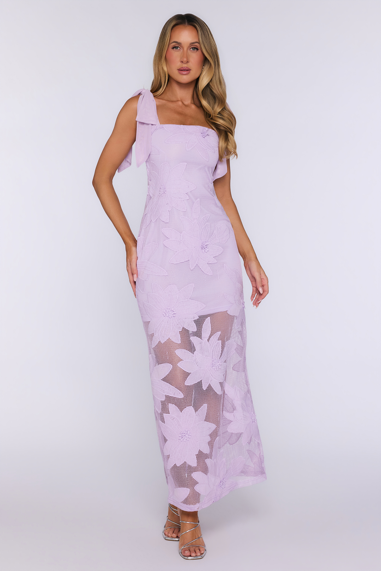 Enchanted Bloom Floral Embroidered Tie Shoulder Maxi Dress Lilac
