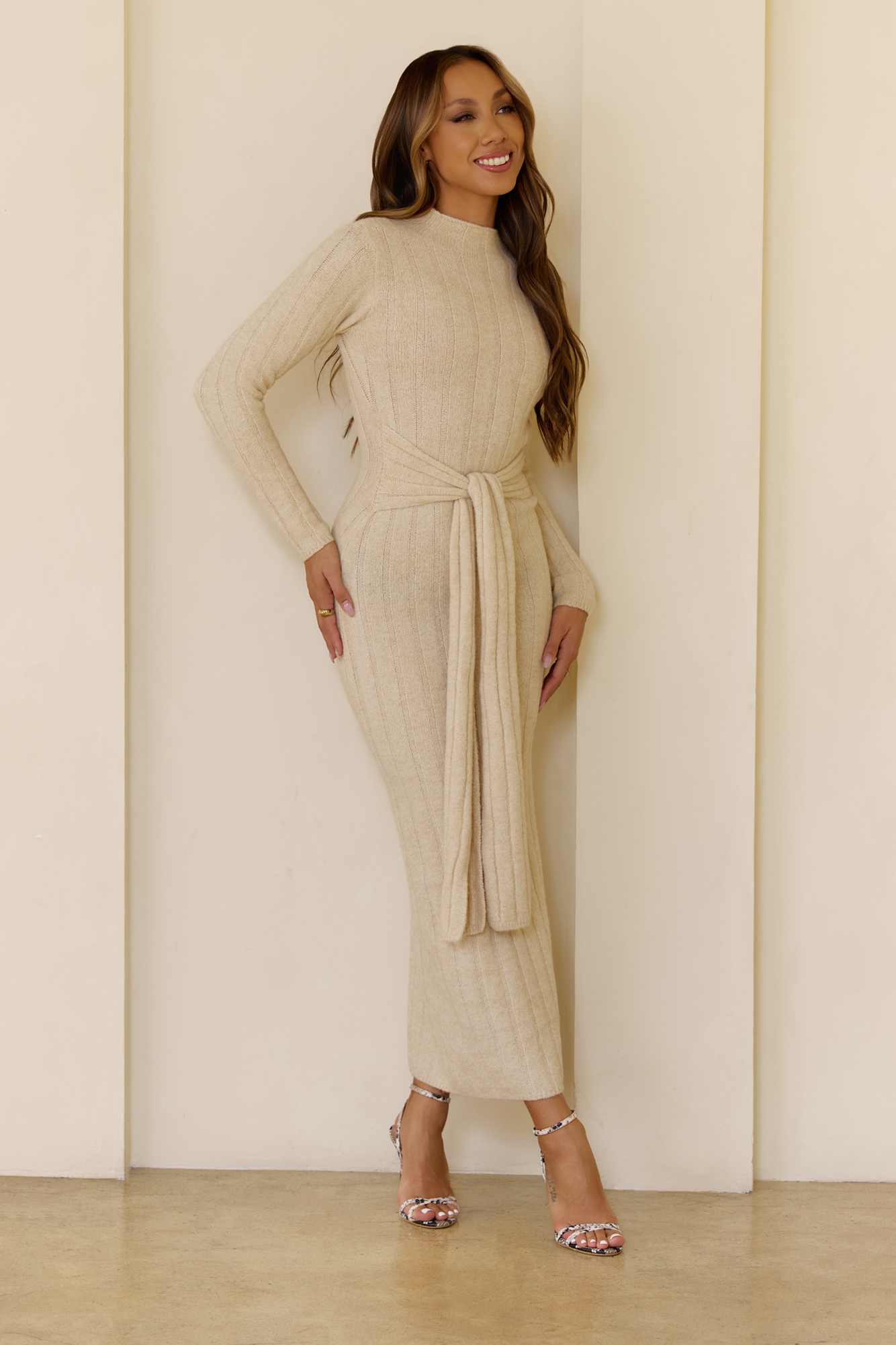 Chilly Nights Knit Long Sleeve Maxi Dress Cream