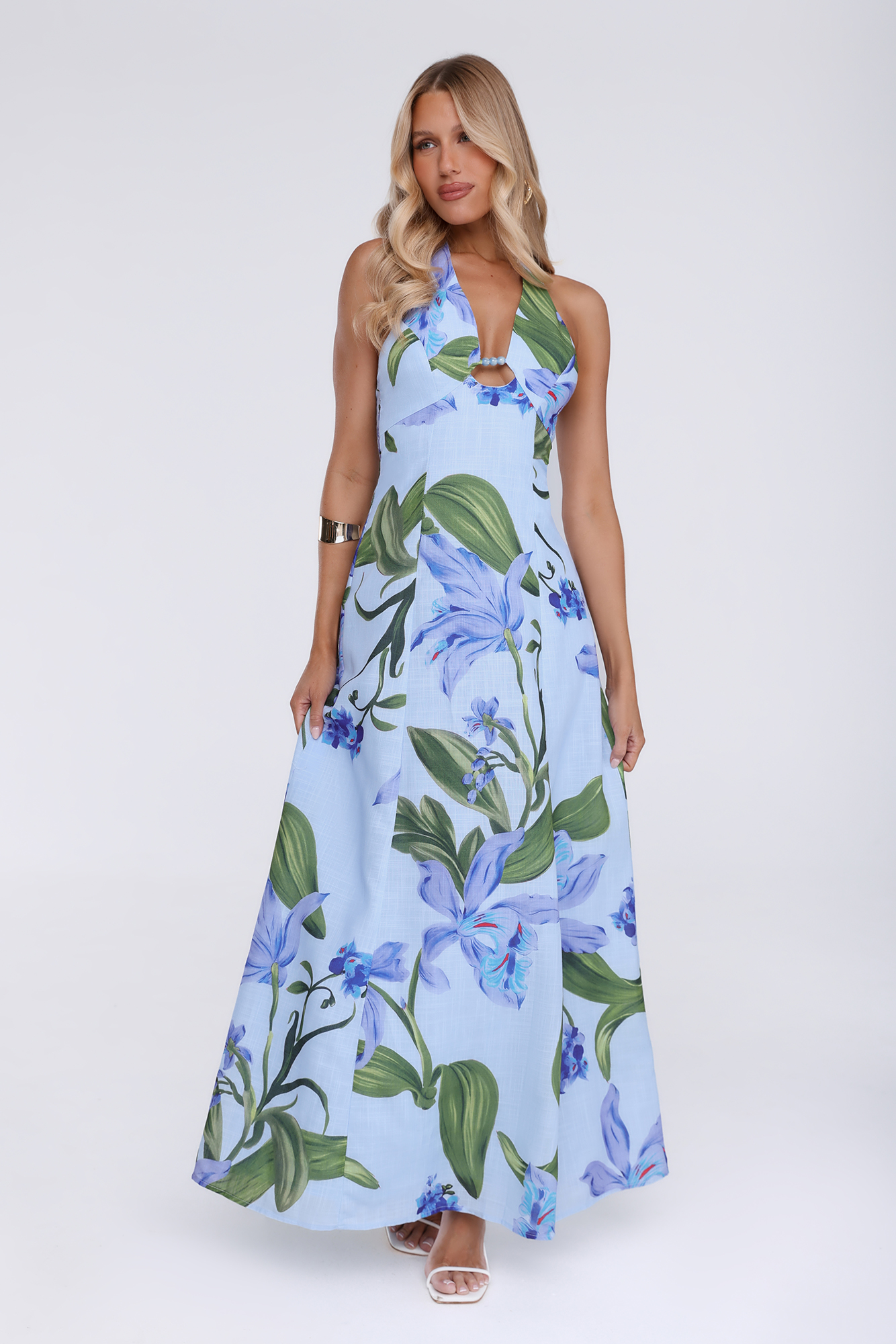 Fleur Flicker Halter Maxi Dress Blue