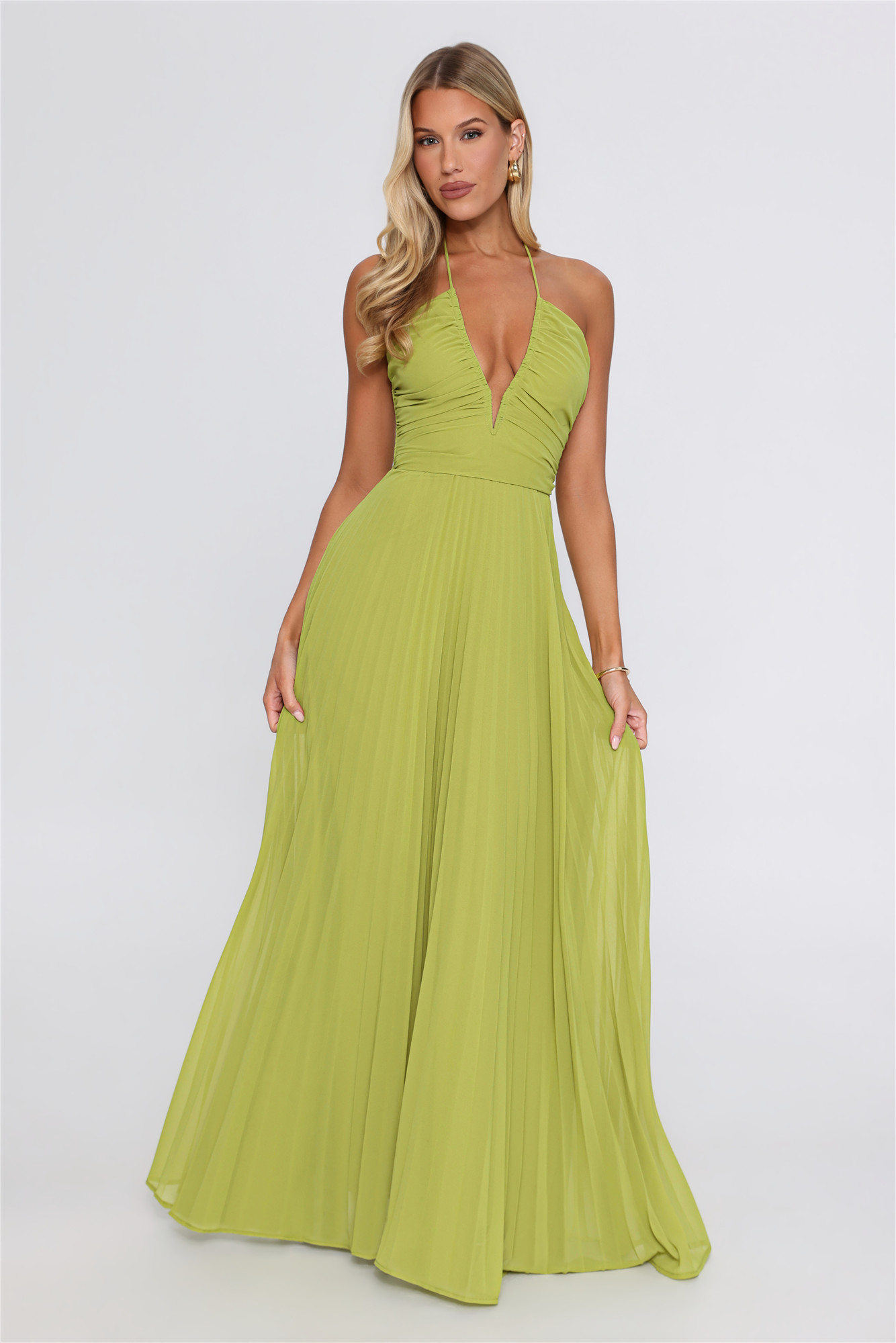 Her Kind Of Night Halter Pleated Maxi Dress Olive