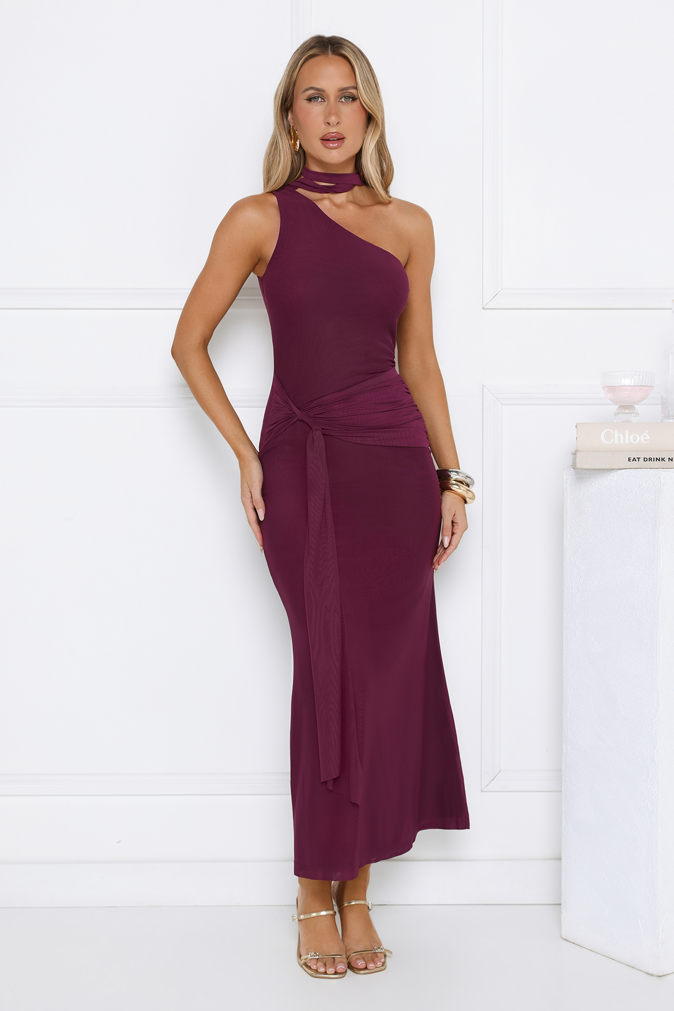 Aurora Elegance One Shoulder Mesh Maxi Dress Plum