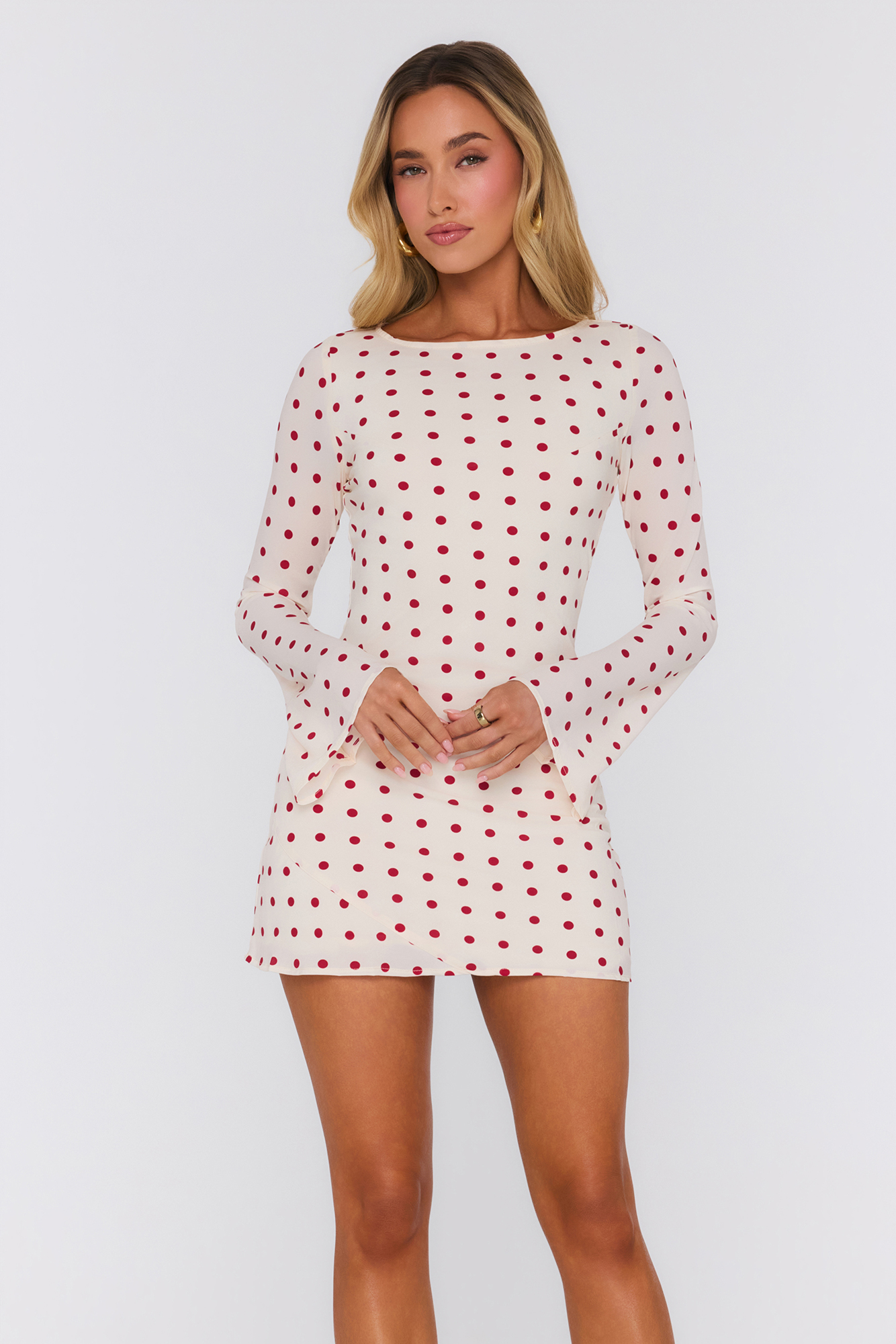 Polka Dot Trend Long Sleeve Mini Dress Cream