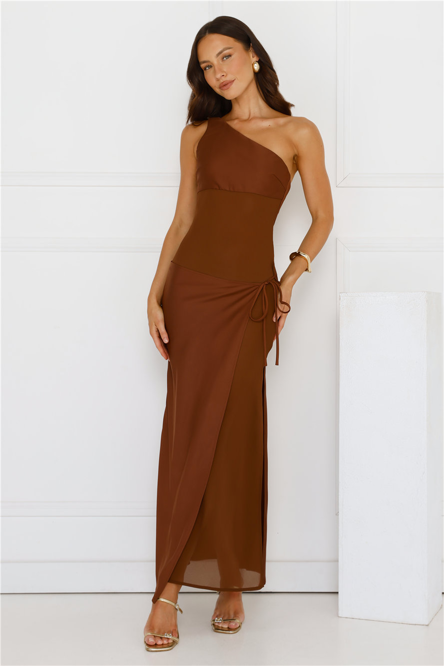 Hello Molly Satin Statement One Shoulder Maxi Dress Brown